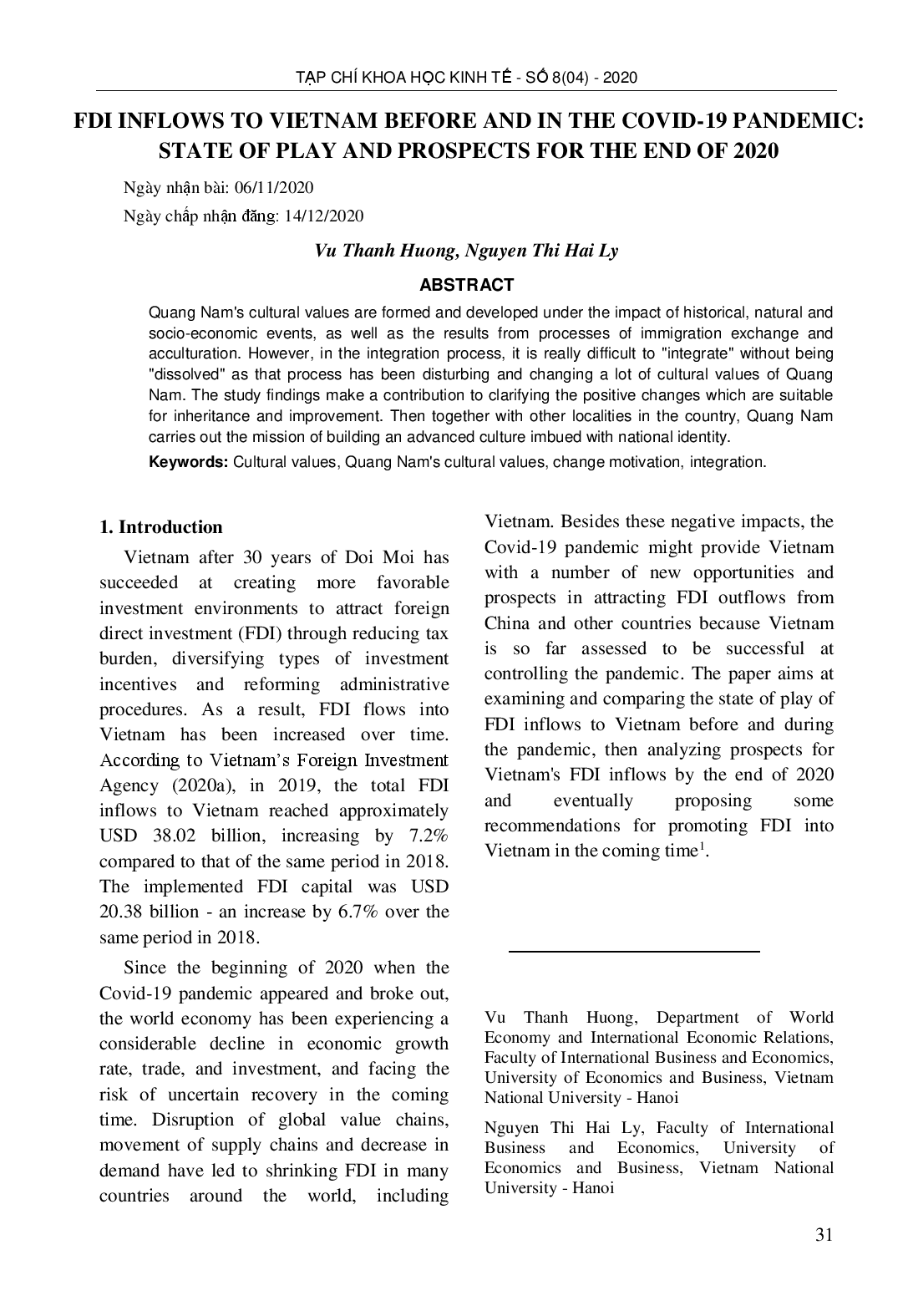 Fdi Inflows To Vietnam Before And In The Covid-19 Pandemic: State Of Play And Prospects For The End Of 2020