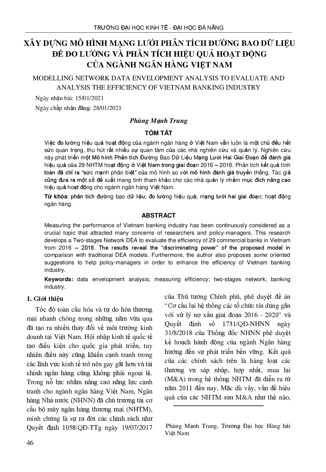 Modelling Network Data Envelopment Analysis To Evaluate And Analysis The Efficiency Of Vietnam Banking Industry