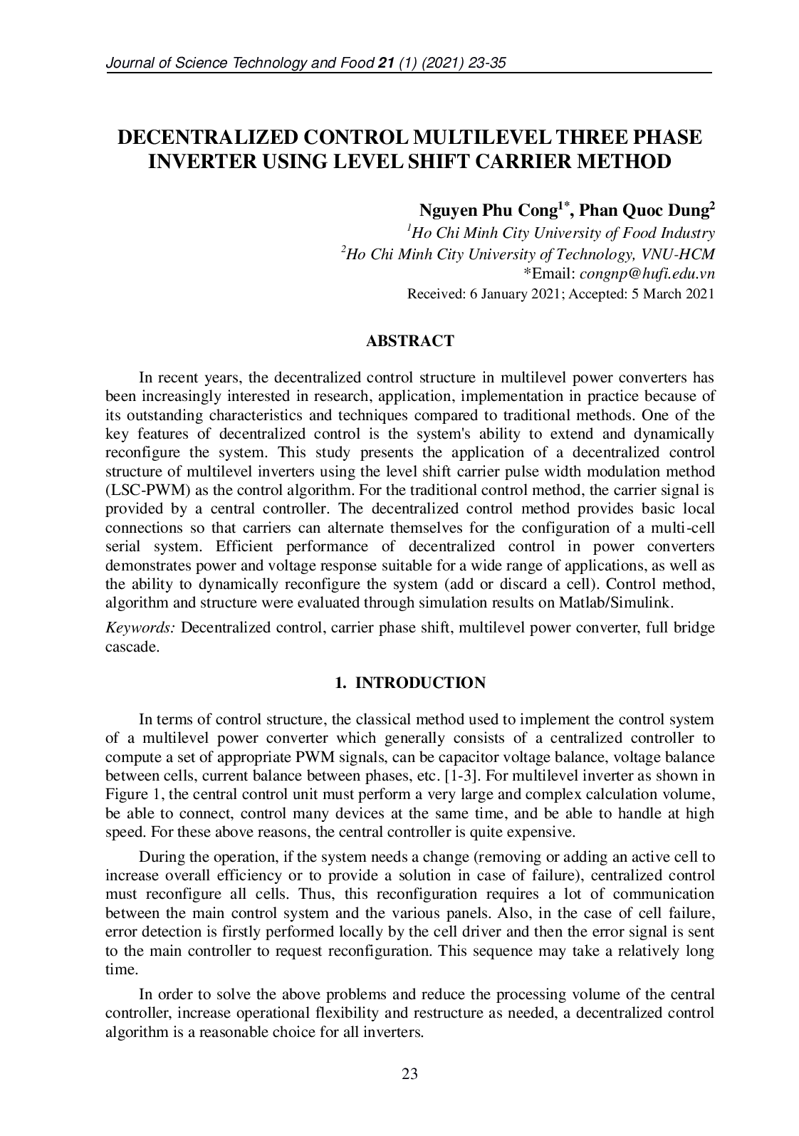 Decentralized Control Multilevel Three Phase Inverter Using Level Shift Carrier Method