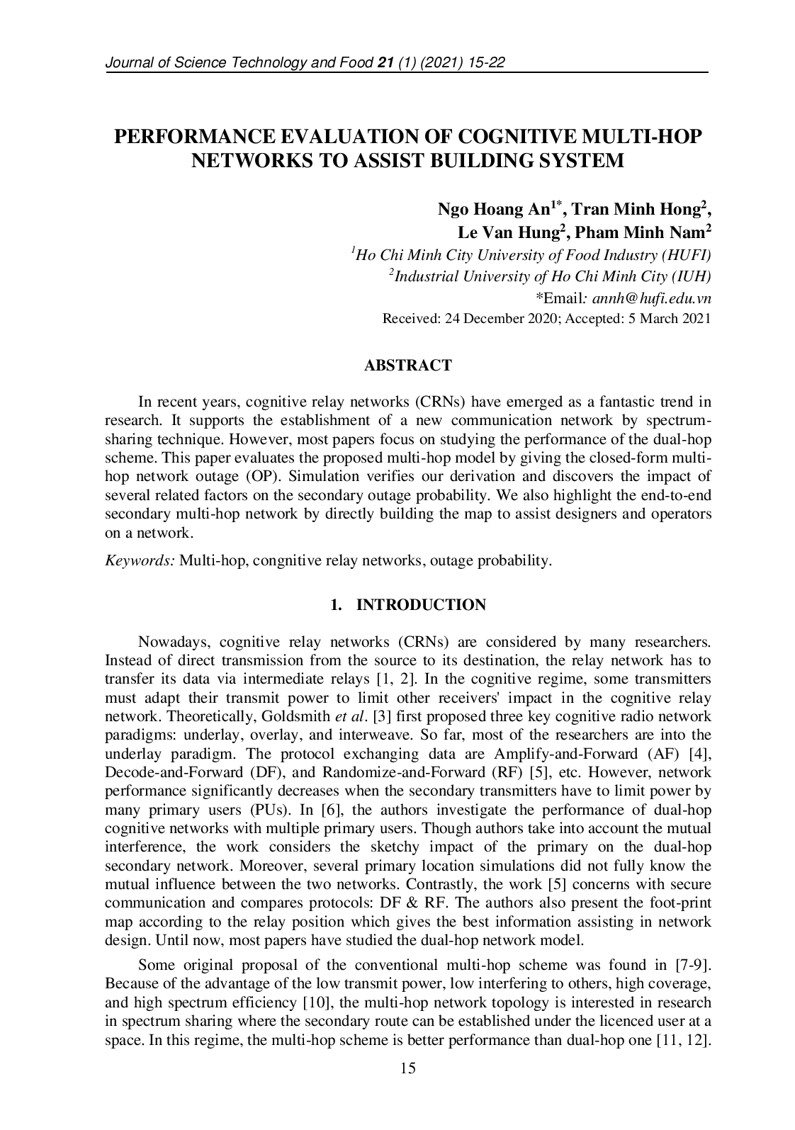 Performance Evaluation Of Cognitive Multi-Hop Networks To Assist Building System