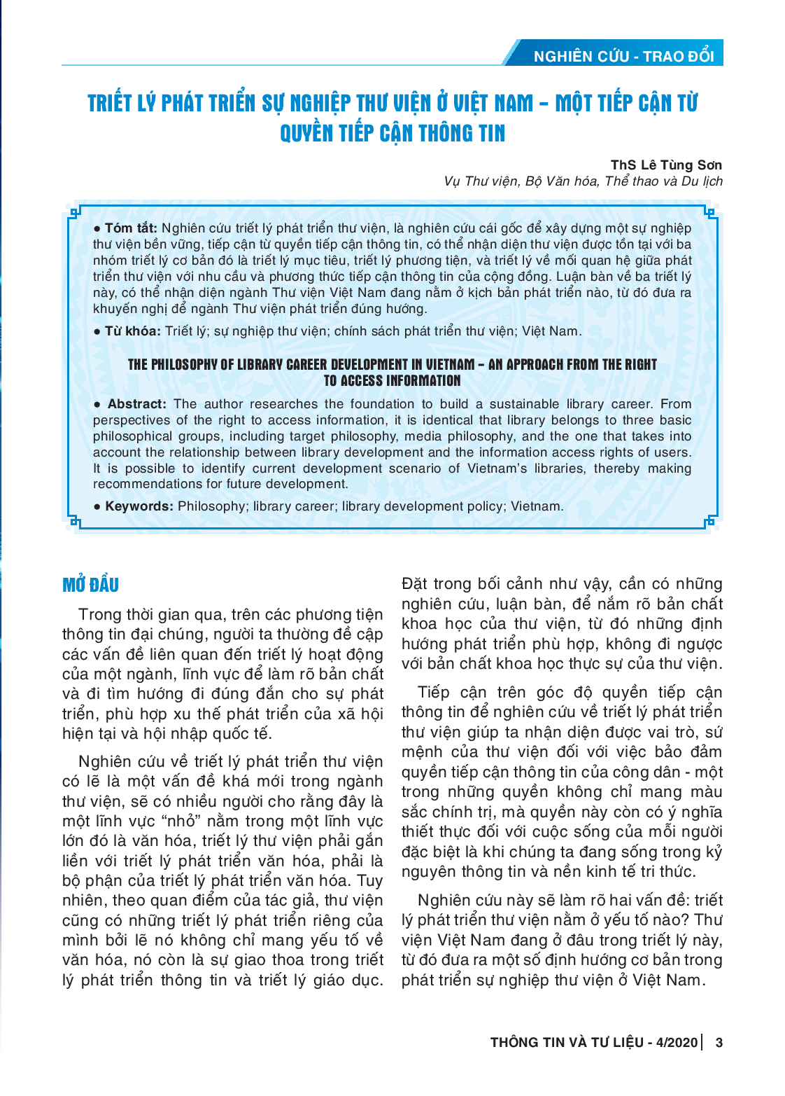 Triết lý phát triển sự nghiệp thư viện ở Việt Nam - một tiếp cận từ quyền tiếp cận thông tin