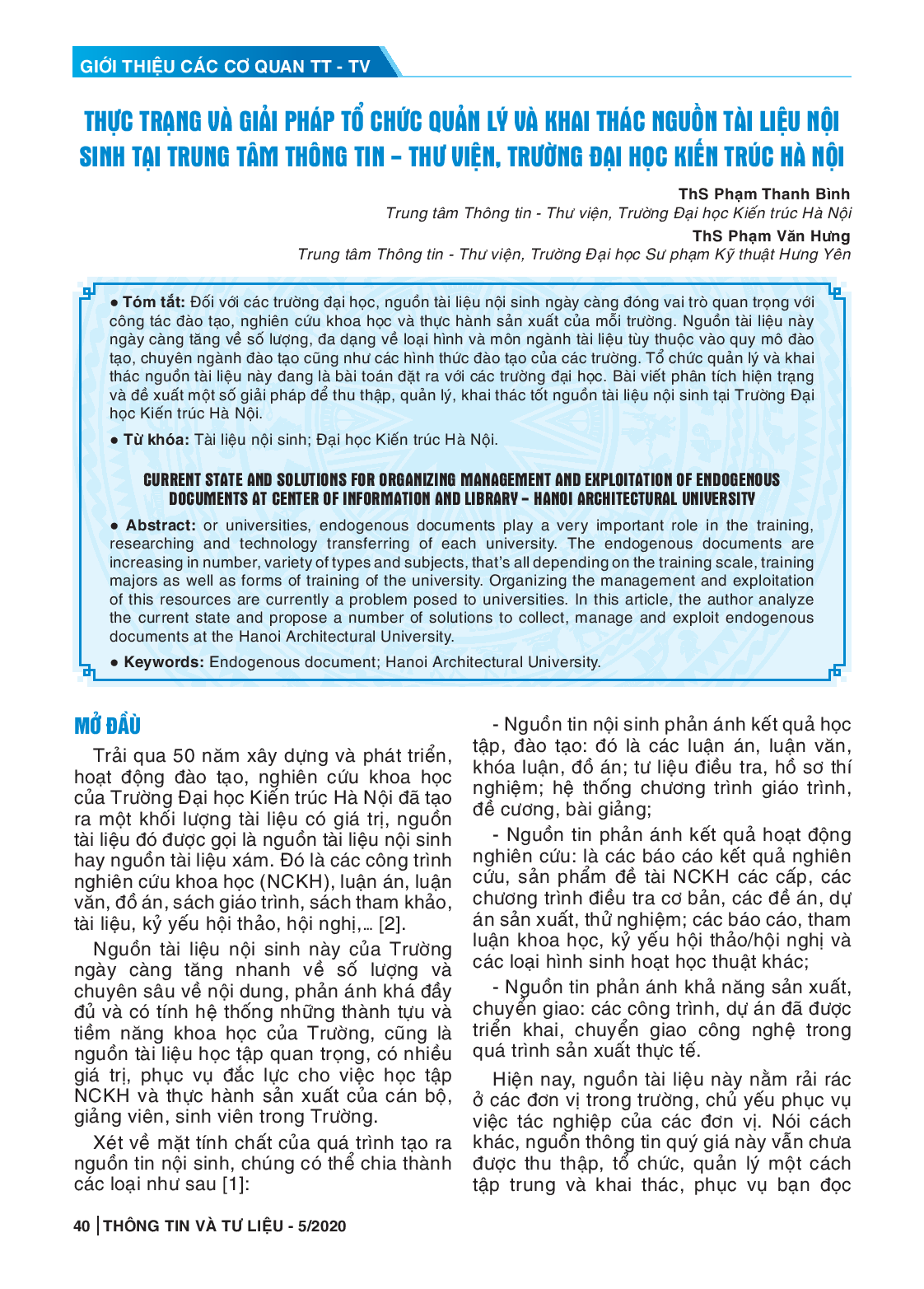 Thực trạng và giải pháp tổ chức quản lý và khai thác nguồn tài liệu nội sinh tại Trung tâm Thông tin Thư viện, Trường Đại học Kiến Trúc Hà Nội