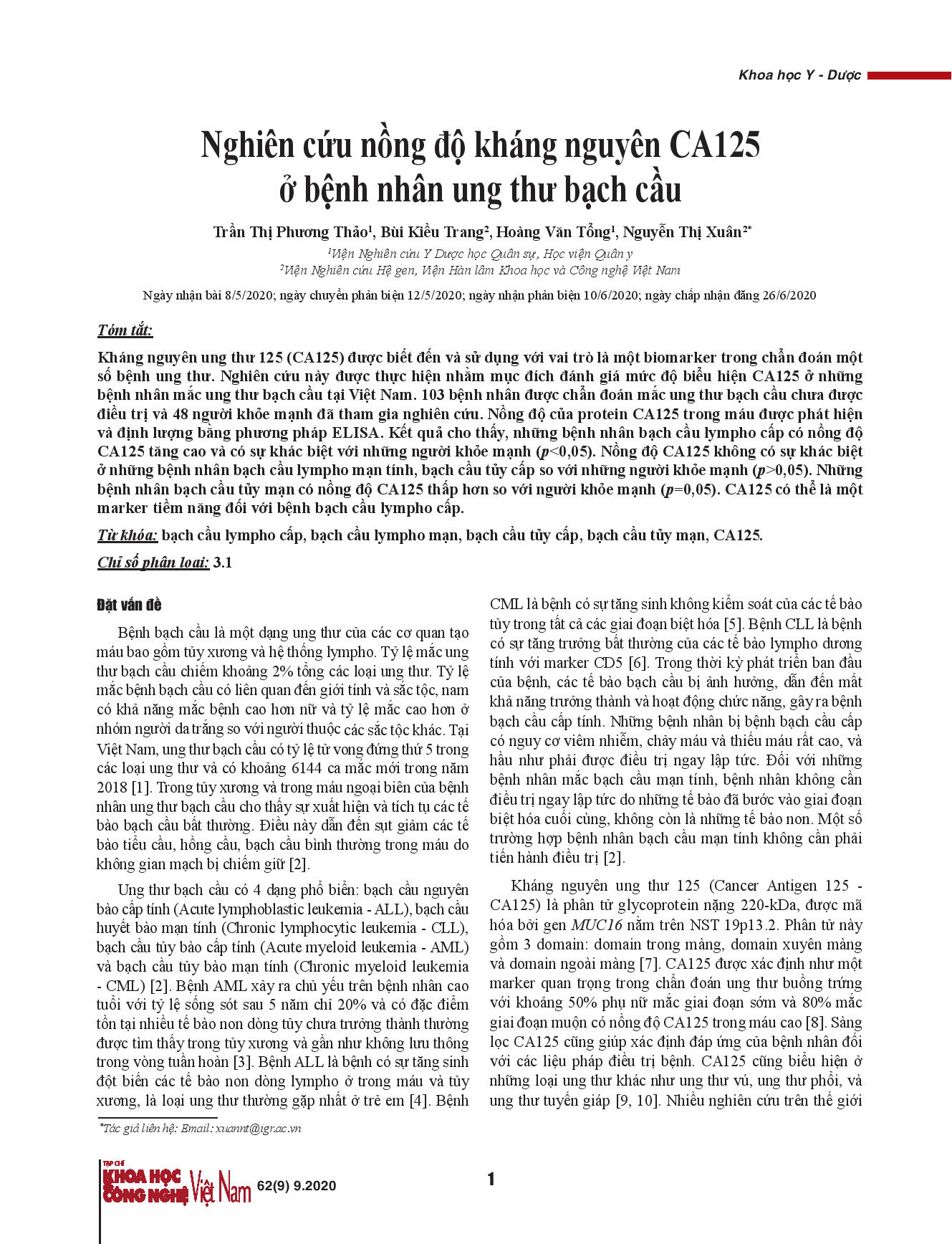 Nghiên cứu nồng độ kháng nguyên CA125 ở bệnh nhân ung thư bạch cầu.