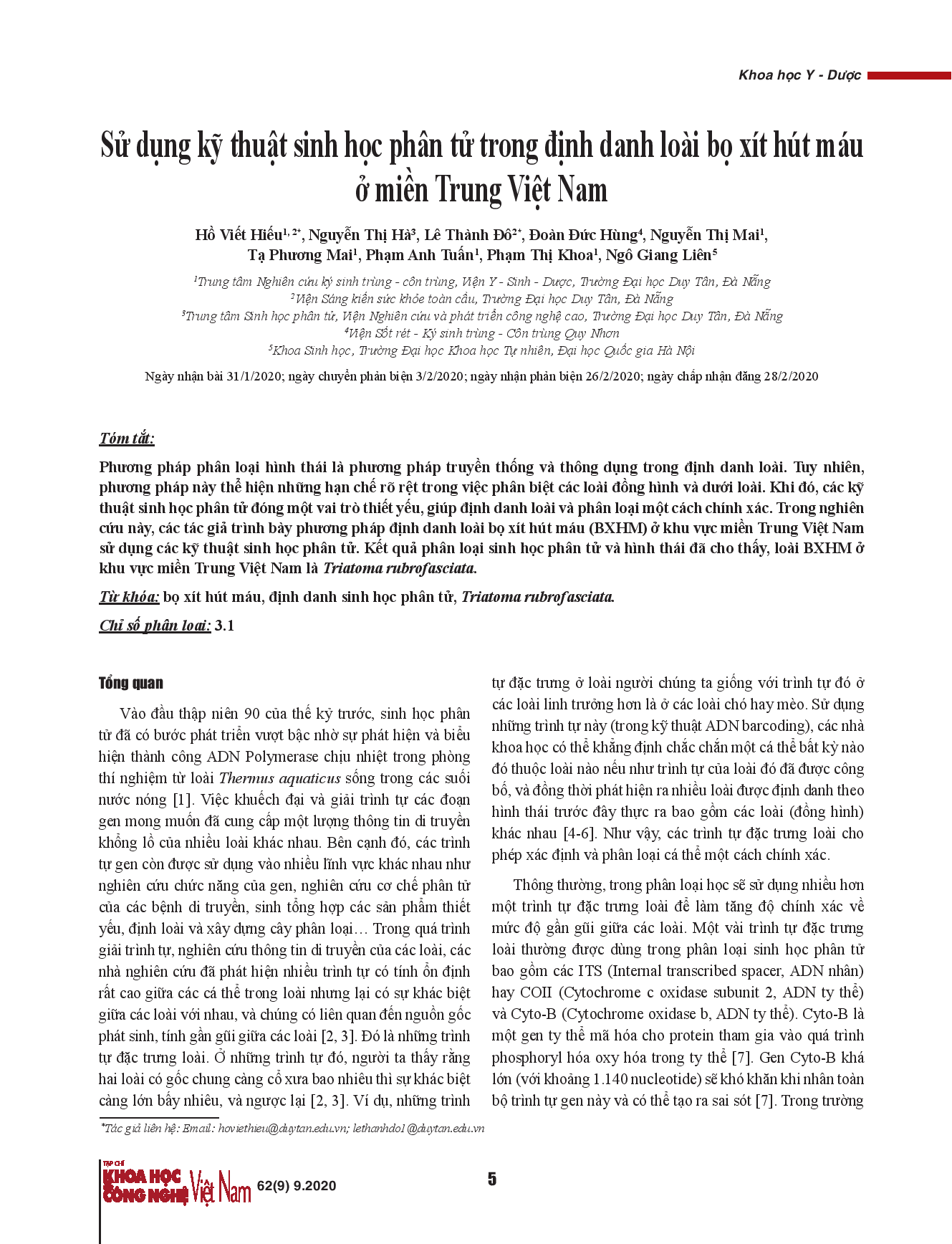 Sử dụng kỹ thuật sinh học phân tử trong định danh loài bọ xít hút máu ở miền Trung Việt Nam.