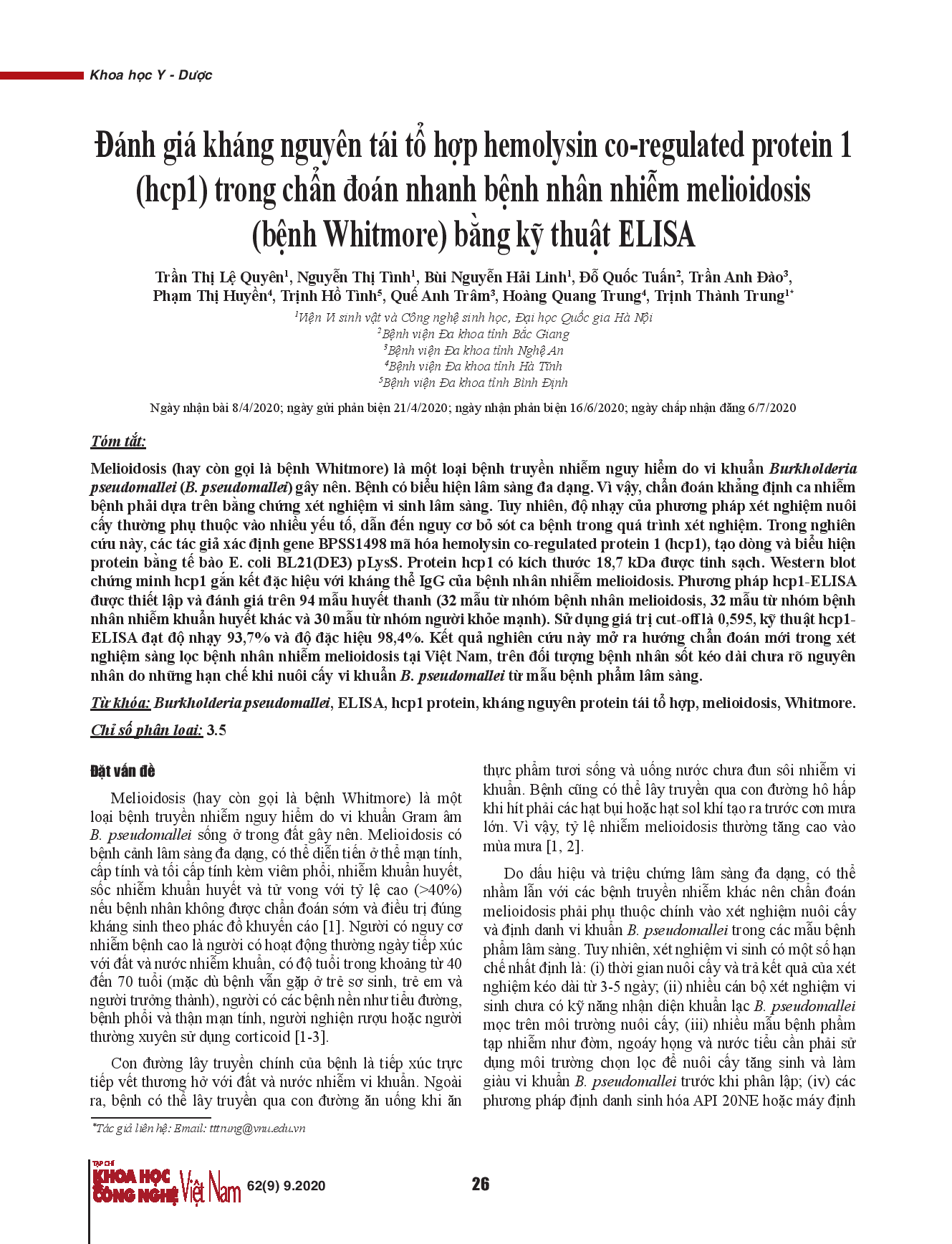 Đánh giá kháng nguyên tái tổ hợp hemolysin co-regulated protein 1 (hcp1) trong chẩn đoán nhanh bệnh nhân nhiễm melioidosis (bệnh Whitmore) bằng kỹ thuật ELISA