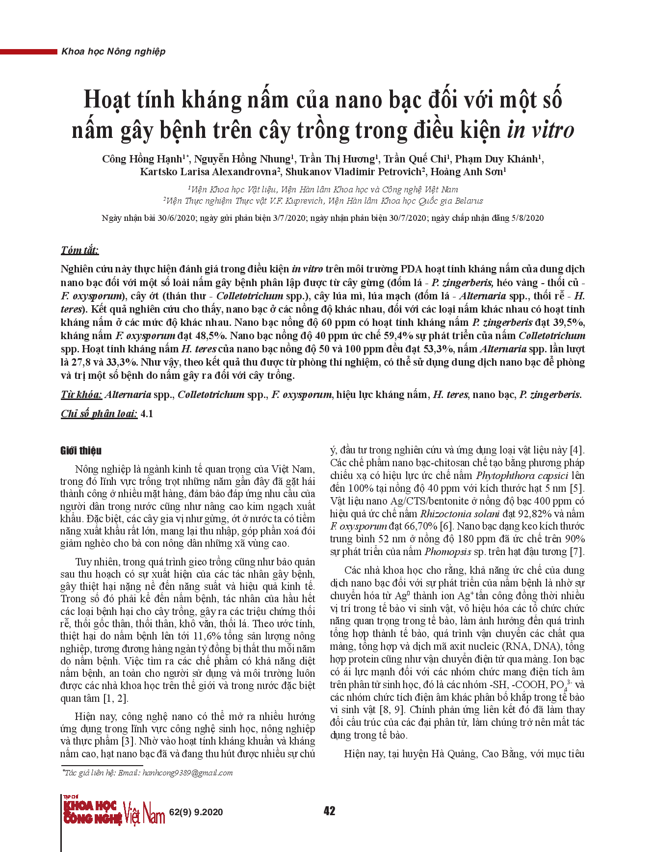 Hoạt tính kháng nấm của nano bạc đối với một số nấm gây bệnh trên cây trồng trong điều kiện in vitro