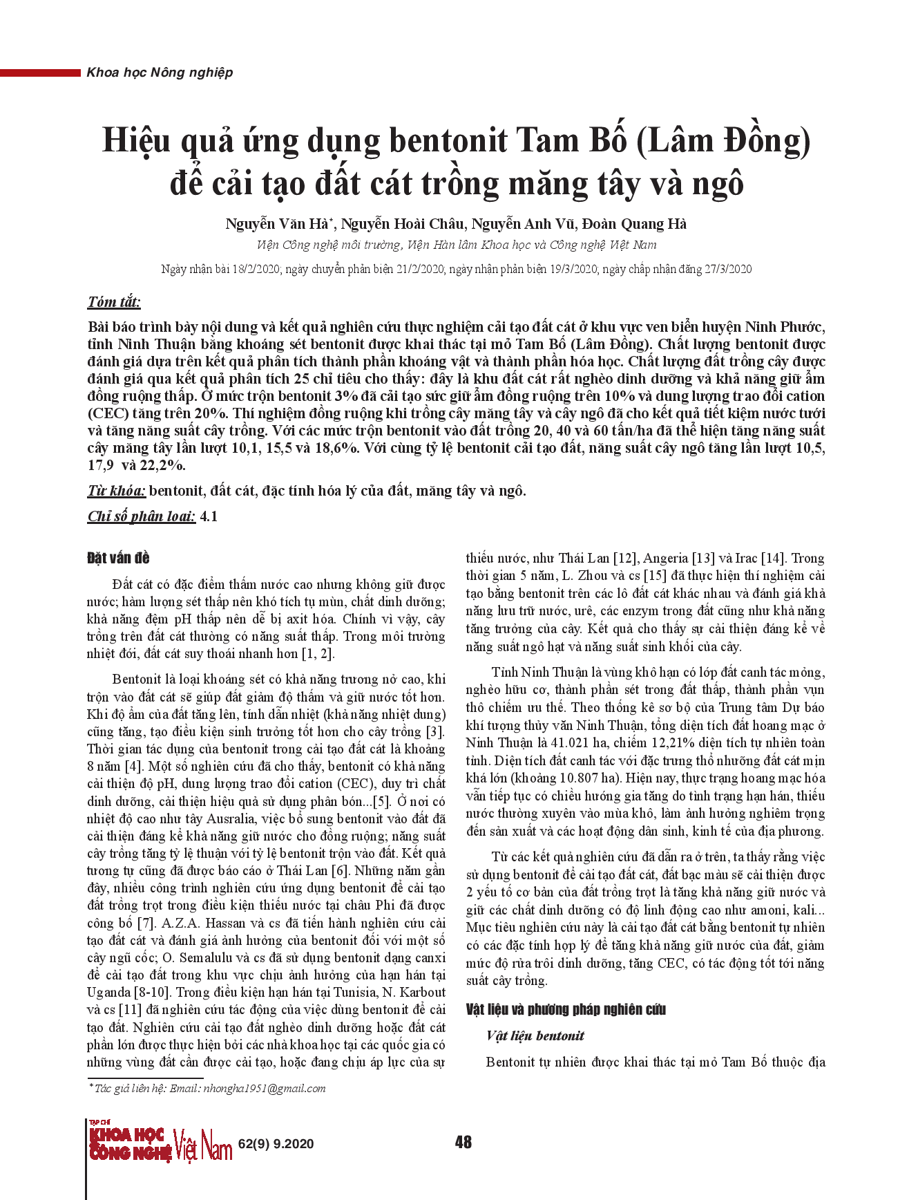 Hiệu quả ứng dụng bentonit Tam Bố (Lâm Đồng) để cải tạo đất cát trồng măng tây và ngô