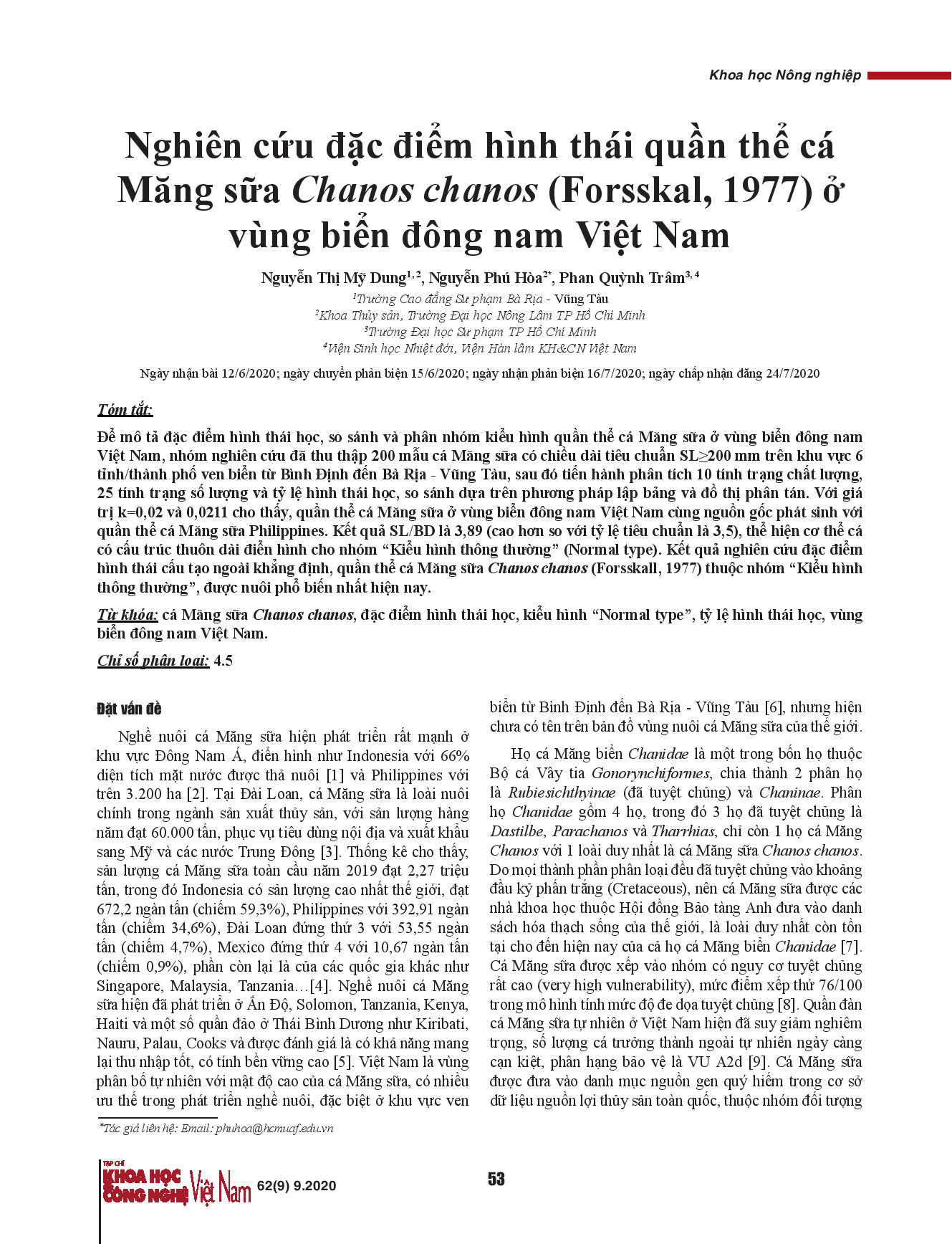 Nghiên cứu đặc điểm hình thái quần thể cá Măng sữa Chanos chanos (Forsskal, 1977) ở vùng biển đông nam Việt Nam