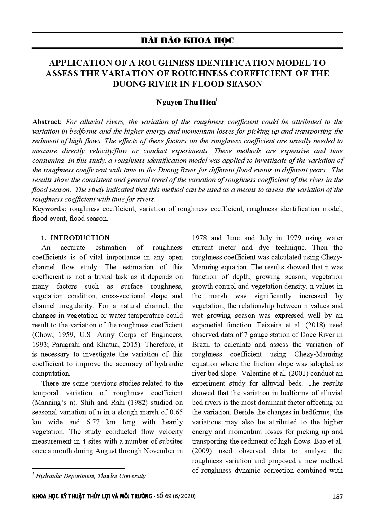 Ứng dụng mô hình xác định hệ số nhám để đánh giá sự thay đổi hệ số nhám của sông Đuống trong mùa lũ