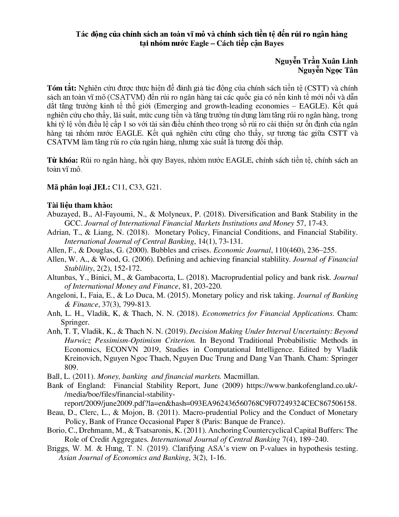 Tác động của chính sách an toàn vĩ mô và chính sách tiền tệ đến rủi ro ngân hàng tại nhóm nước Eagle – Cách tiếp cận Bayes