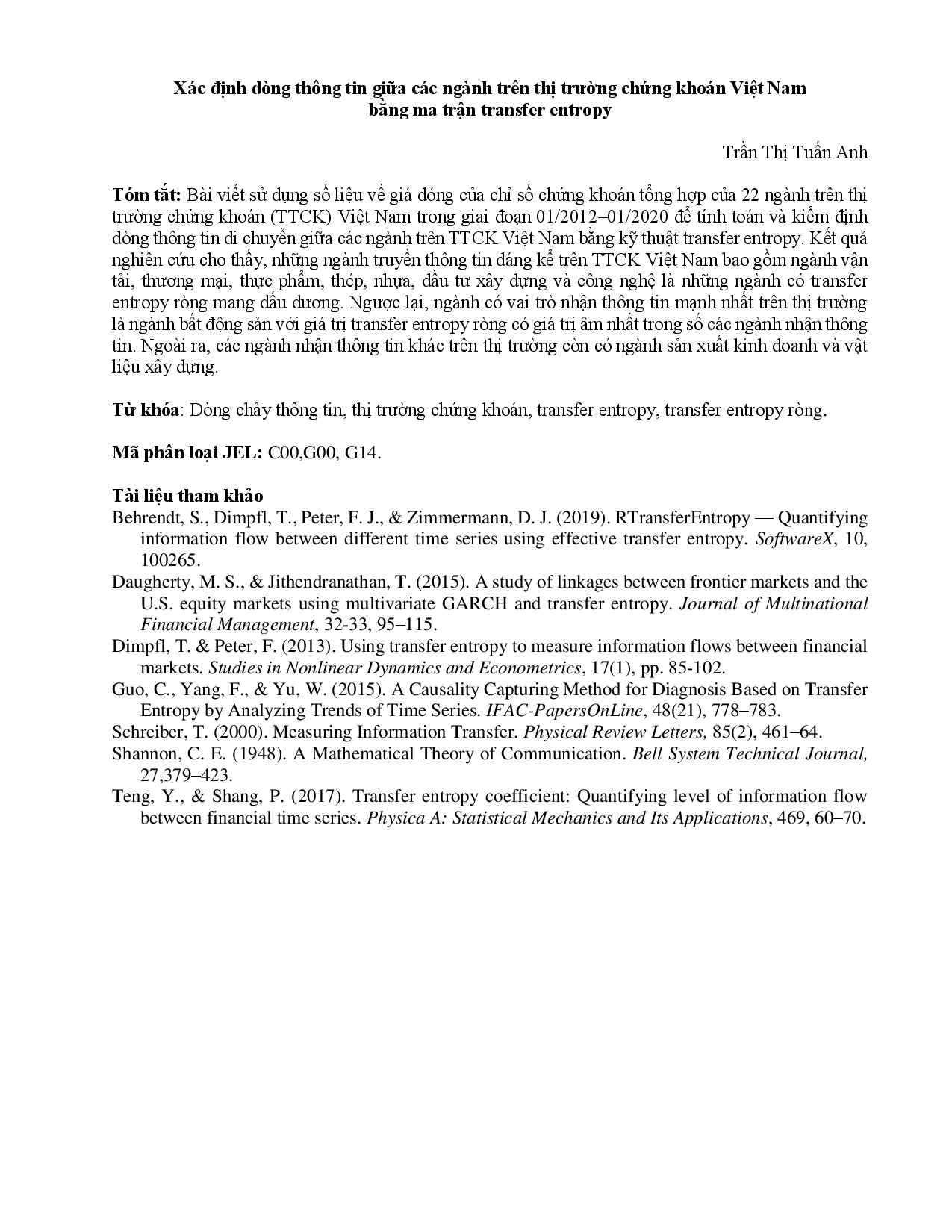 Xác Định Dòng Thông Tin Giữa Các Ngành Trên Thị Trường Chứng Khoán Việt Nam Bằng Ma Trận Transfer Entropy