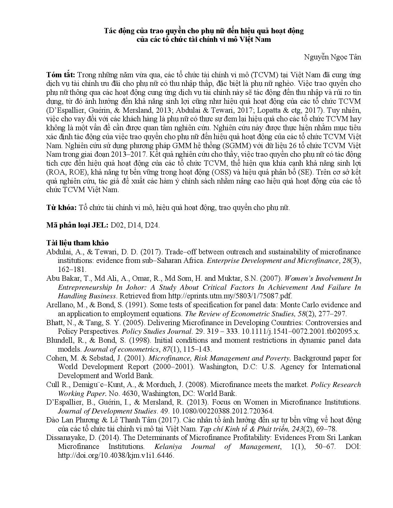 Tác Động Của Trao Quyền Cho Phụ Nữ Đến Hiệu Quả Hoạt Động Của Các Tổ Chức Tài Chính Vi Mô Việt Nam