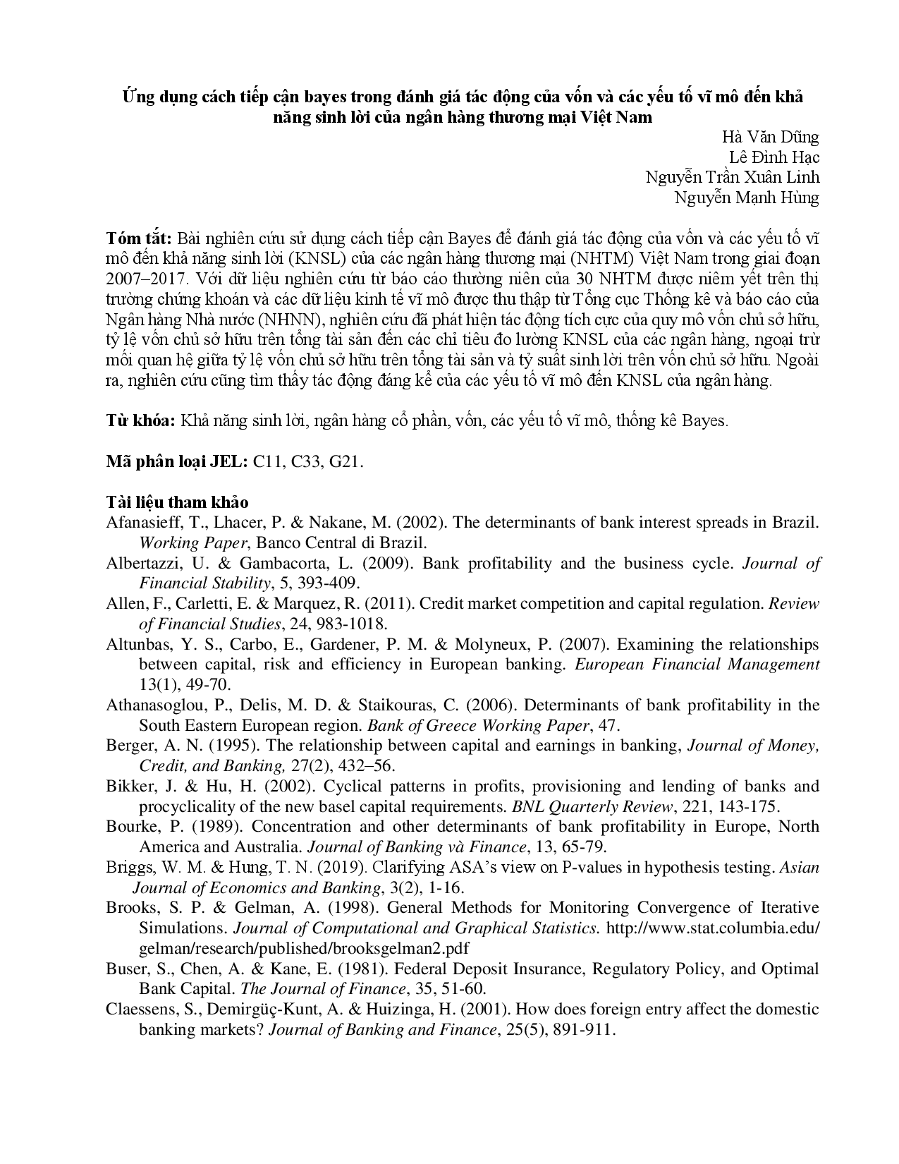 Ứng Dụng Cách Tiếp Cận Bayes Trong Đánh Giá Tác Động Của Vốn Và Các Yếu Tố Vĩ Mô Đến Khả Năng Sinh Lời Của Ngân Hàng Thương Mại Việt Nam