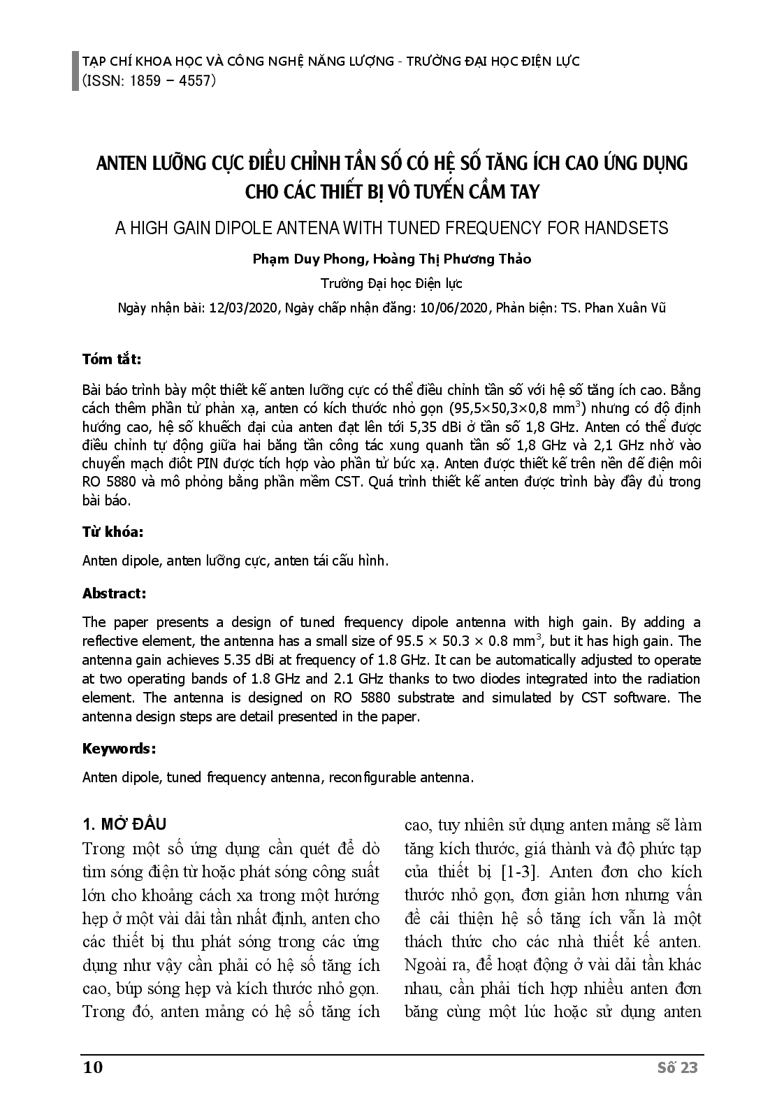 Anten Lưỡng Cực Điều Chỉnh Tần Số Có Hệ Số Tăng Ích Cao Ứng Dụng Cho Các Thiết Bị Vô Tuyến Cầm Tay