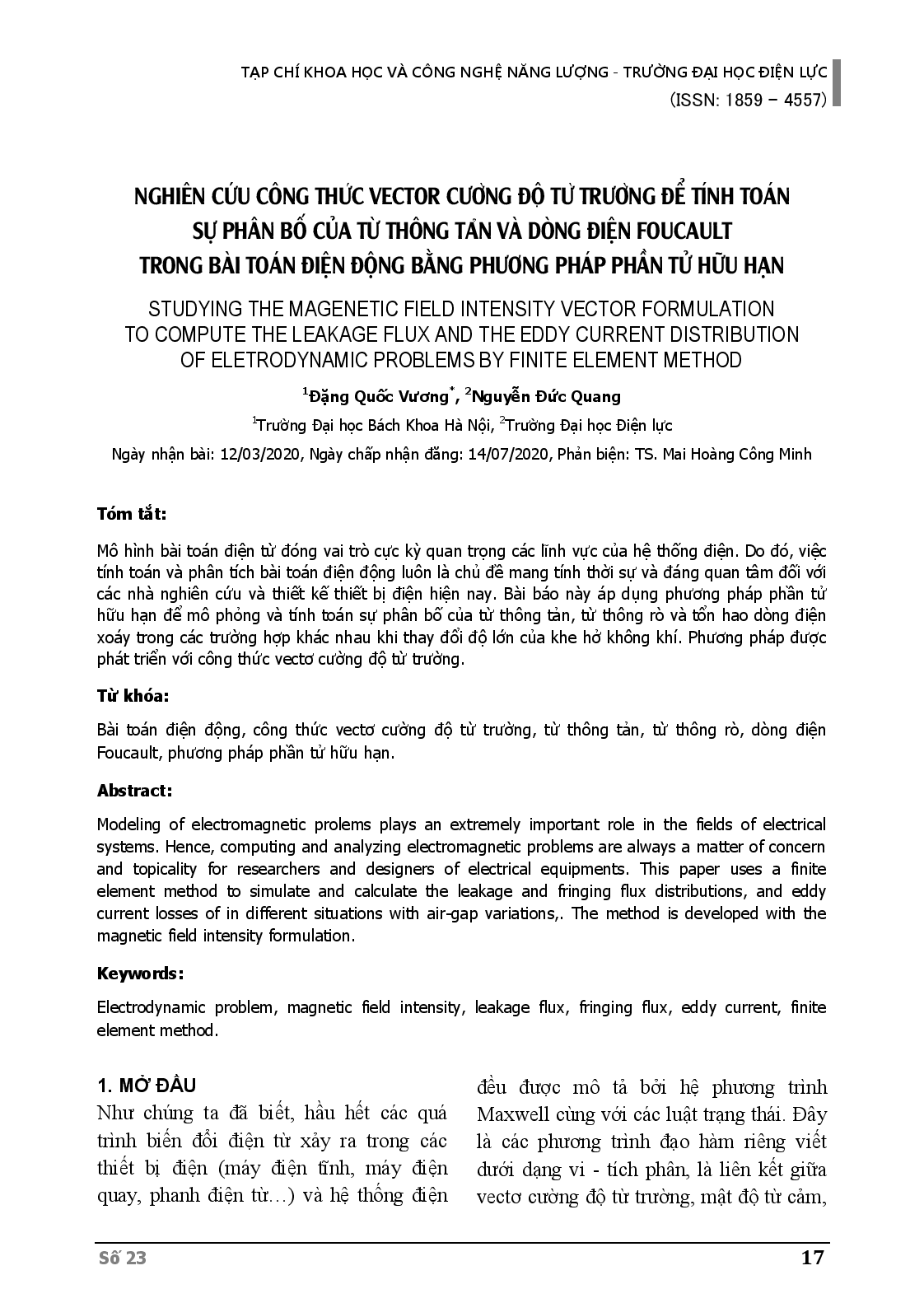 Nghiên Cứu Công ThứC Vector CườNg Độ Từ TrườNg Để Tính Toán Sự Phân Bố Của Từ Thông TảN Và Dòng Điện Foucault Trong Bài Toán Điện Động Bằng Phương Pháp Phần Tử Hữu Hạn