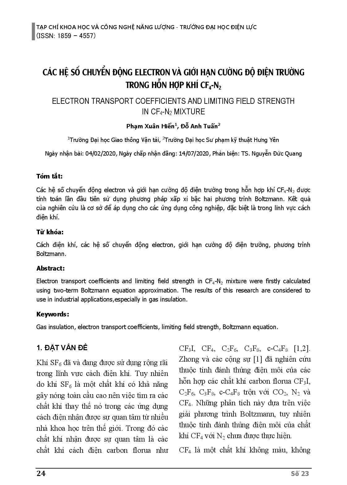 Các Hệ Số Chuyển Động Electron Và Giới Hạn Cường Độ Điện Trường Trong Hỗn Hợp Khí Cf4 -N2