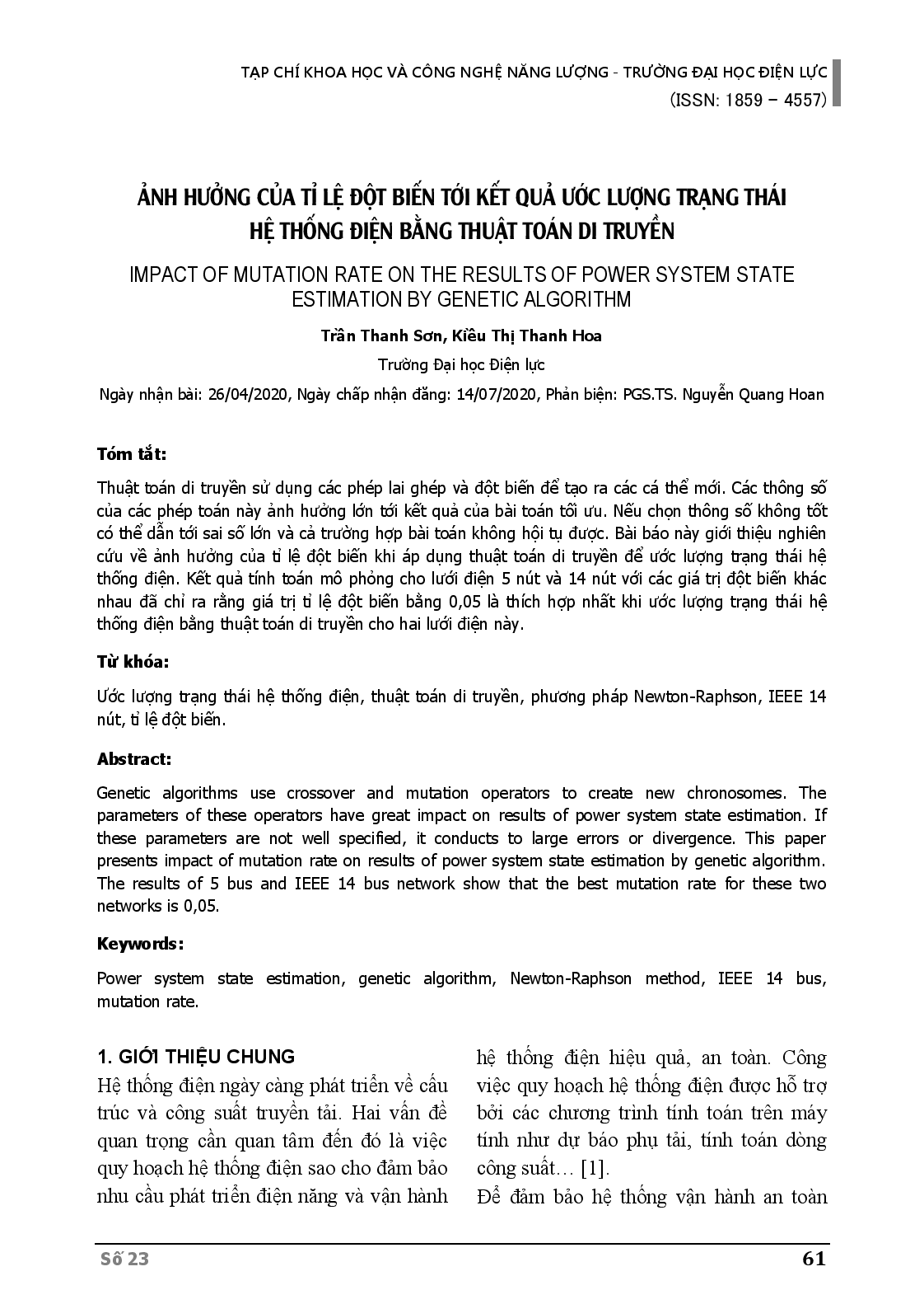 Ảnh Hưởng Của Tỉ Lệ Đột Biến Tới Kết Quả Ước Lượng Trạng Thái Hệ Thống Điện Bằng Thuật Toán Di Truyền