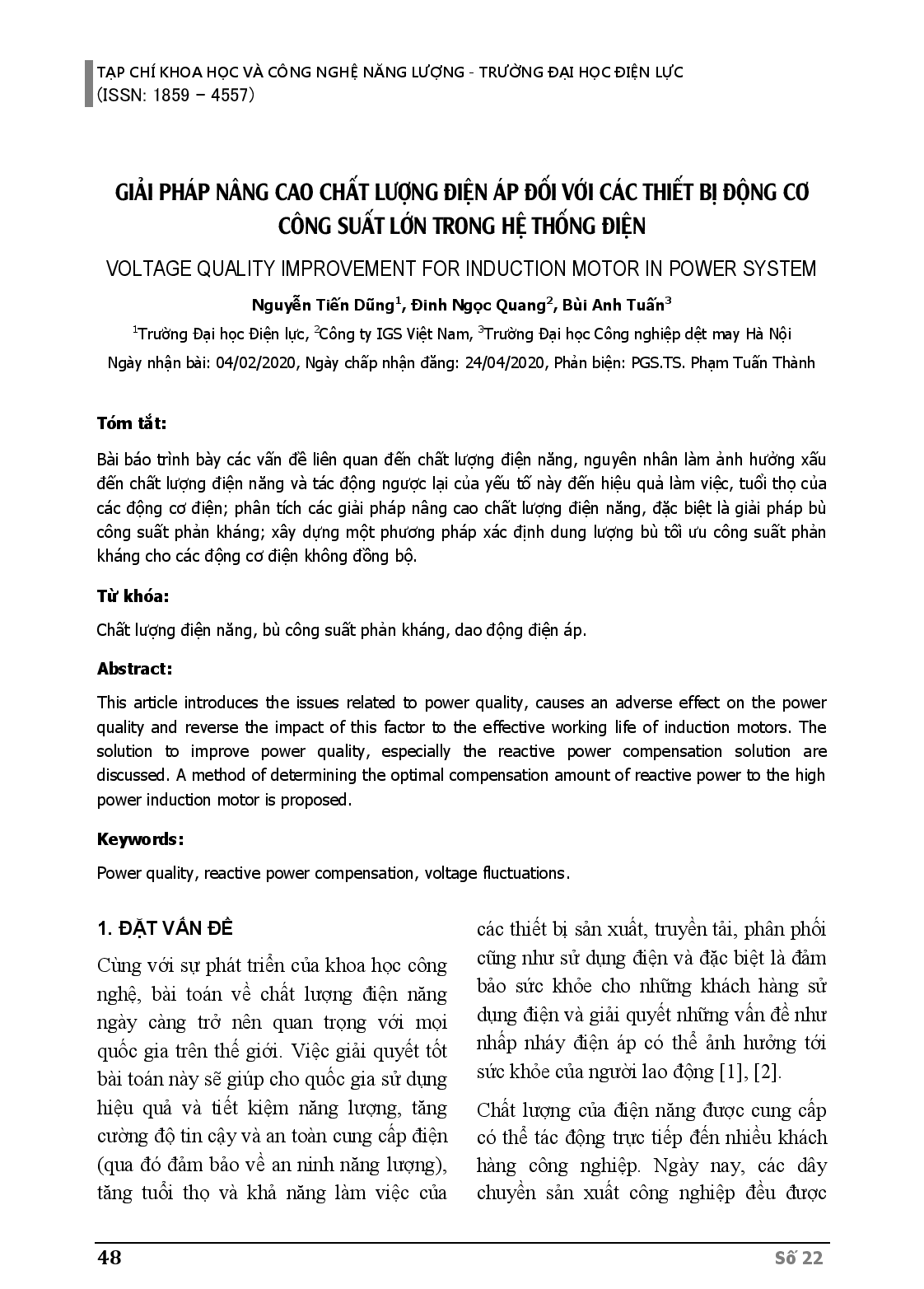 Giải Pháp Nâng Cao Chất Lượng Điện Áp Đối Với Các Thiết Bị Động Cơ Công Suất Lớn Trong Hệ Thống Điện