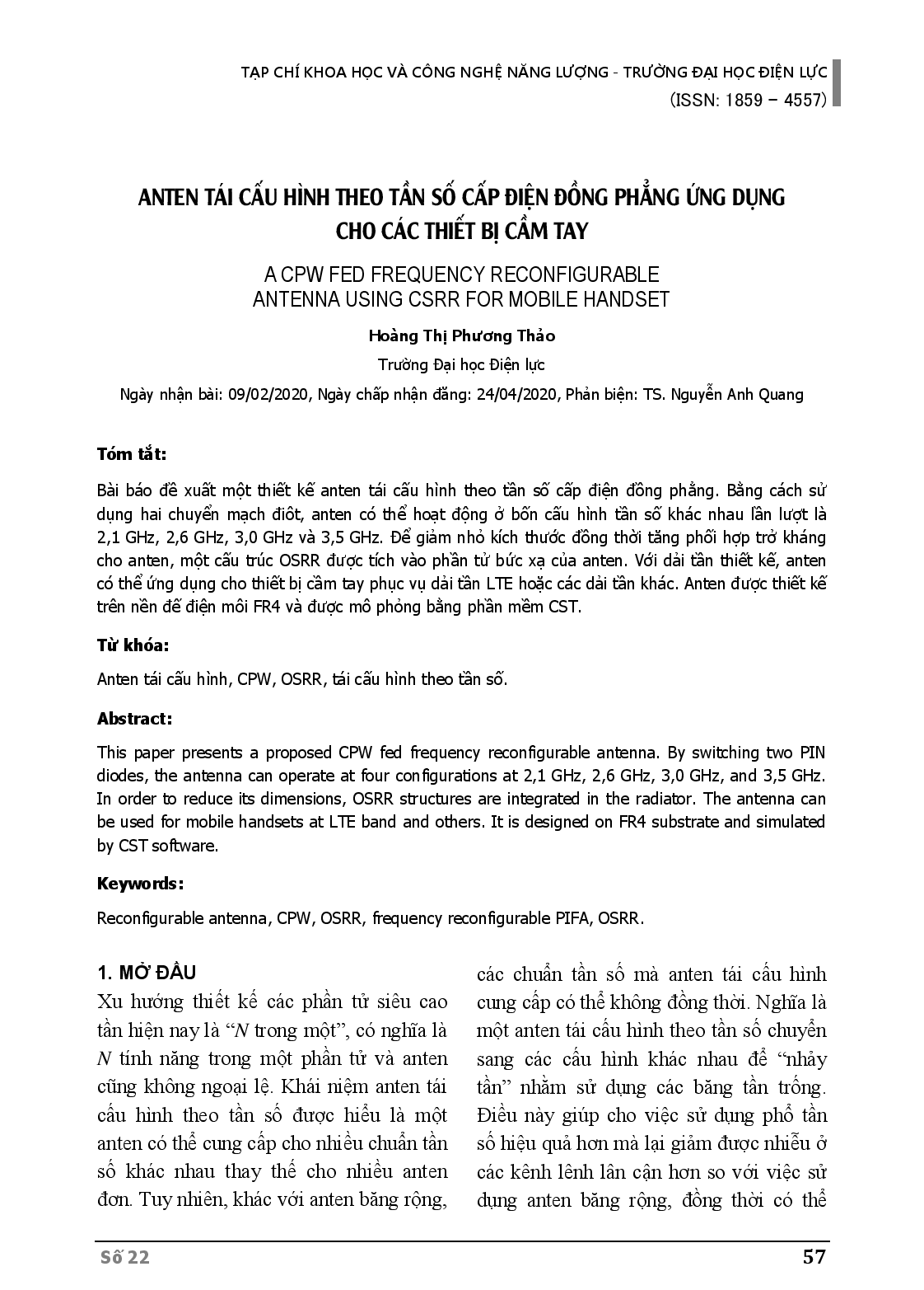 Anten Tái Cấu Hình Theo Tần Số Cấp Điện Đồng Phẳng Ứng Dụng Cho Các Thiết Bị Cầm Tay