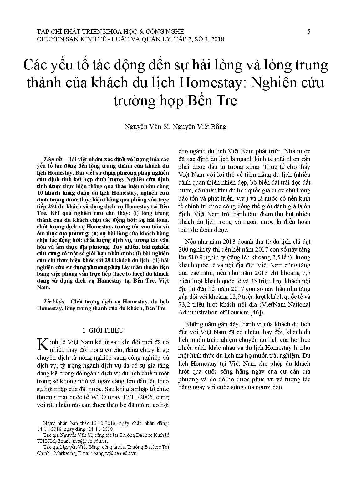 Các Yếu Tố Tác Động Đến Sự Hài Lòng Và Lòng Trung Thành Của Khách Du Lịch Homestay: Nghiên Cứu Trường Hợp Bến Tre