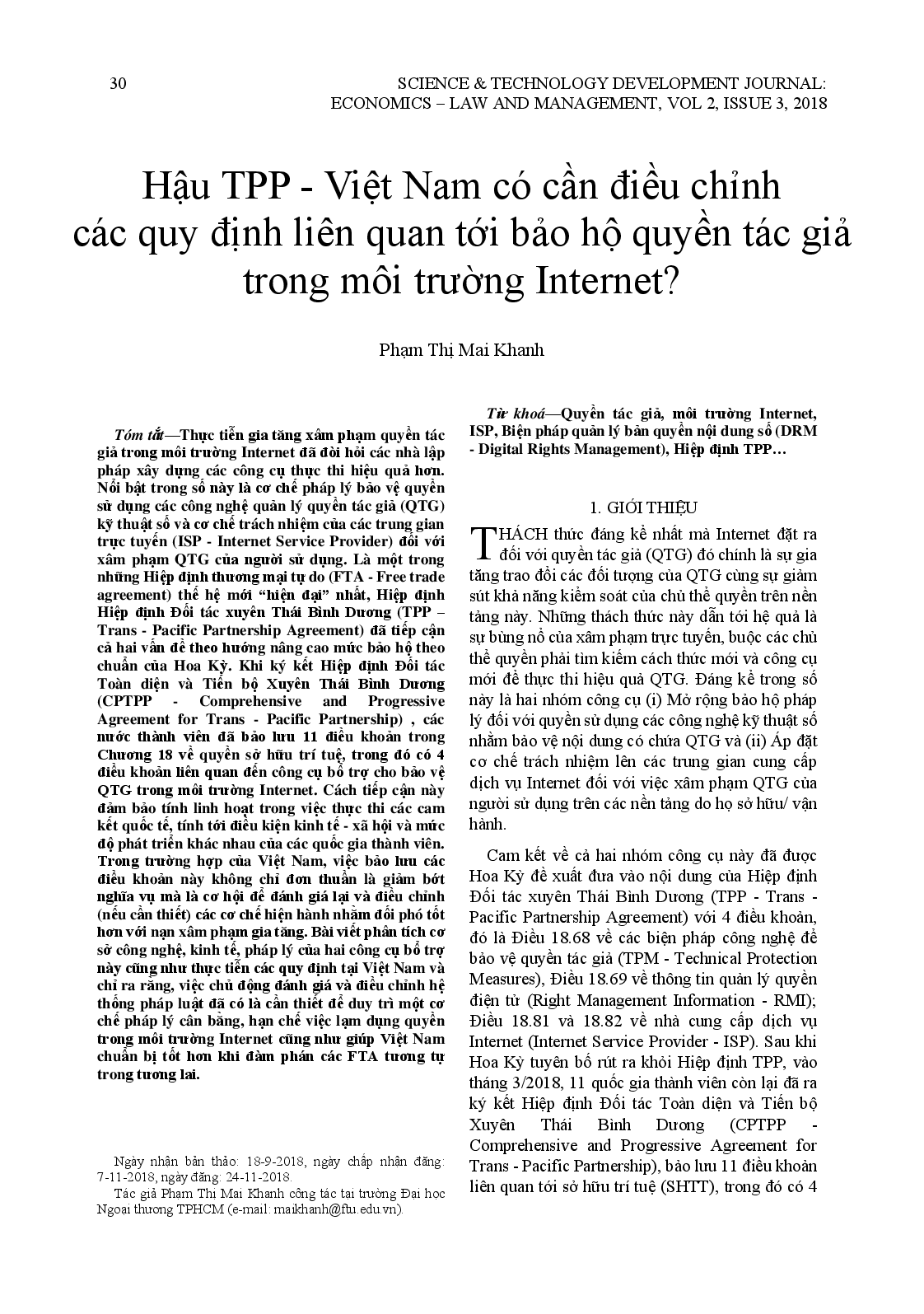 Hậu Tpp - Việt Nam Có Cần Điều Chỉnh Các Quy Định Liên Quan Tới Bảo Hộ Quyền Tác Giả Trong Môi Trường Internet?