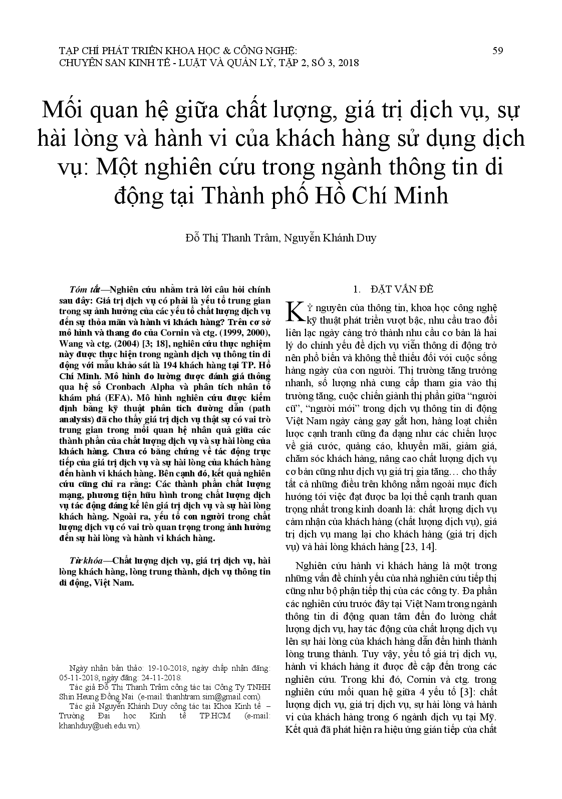 Mối Quan Hệ Giữa Chất Lượng, Giá Trị Dịch Vụ, Sự Hài Lòng Và Hành Vi Của Khách Hàng Sử Dụng Dịch Vụ: Một Nghiên Cứu Trong Ngành Thông Tin Di Động Tại Thành Phố Hồ Chí Minh