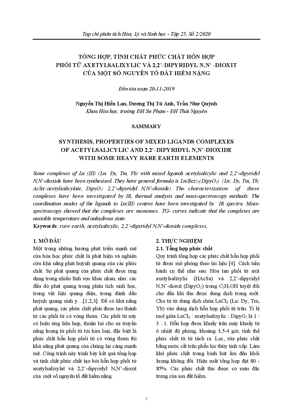 SYNTHESIS, PROPERTIES OF MIXED LIGANDS COMPLEXES OF ACETYLSALICYLIC AND 2,2’-DIPYRIDYL N,N’-DIOXIDE WITH SOME HEAVY RARE EARTH ELEMENTS