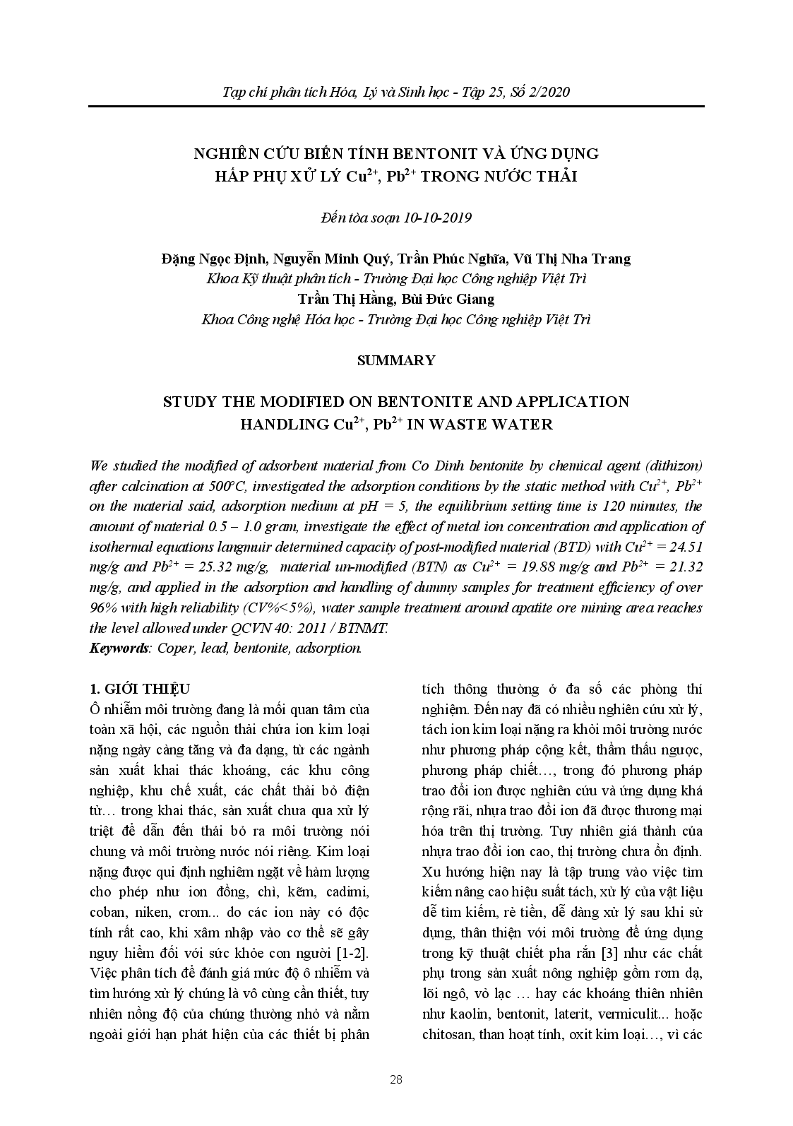 STUDY THE MODIFIED ON BENTONITE AND APPLICATION HANDLING Cu2+, Pb2+ IN WASTE WATER(NGHIÊN CỨU BIẾN TÍNH BENTONIT VÀ ỨNG DỤNG HẤP PHỤ XỬ LÝ Cu2+, Pb2+ TRONG NƯỚC THẢI)