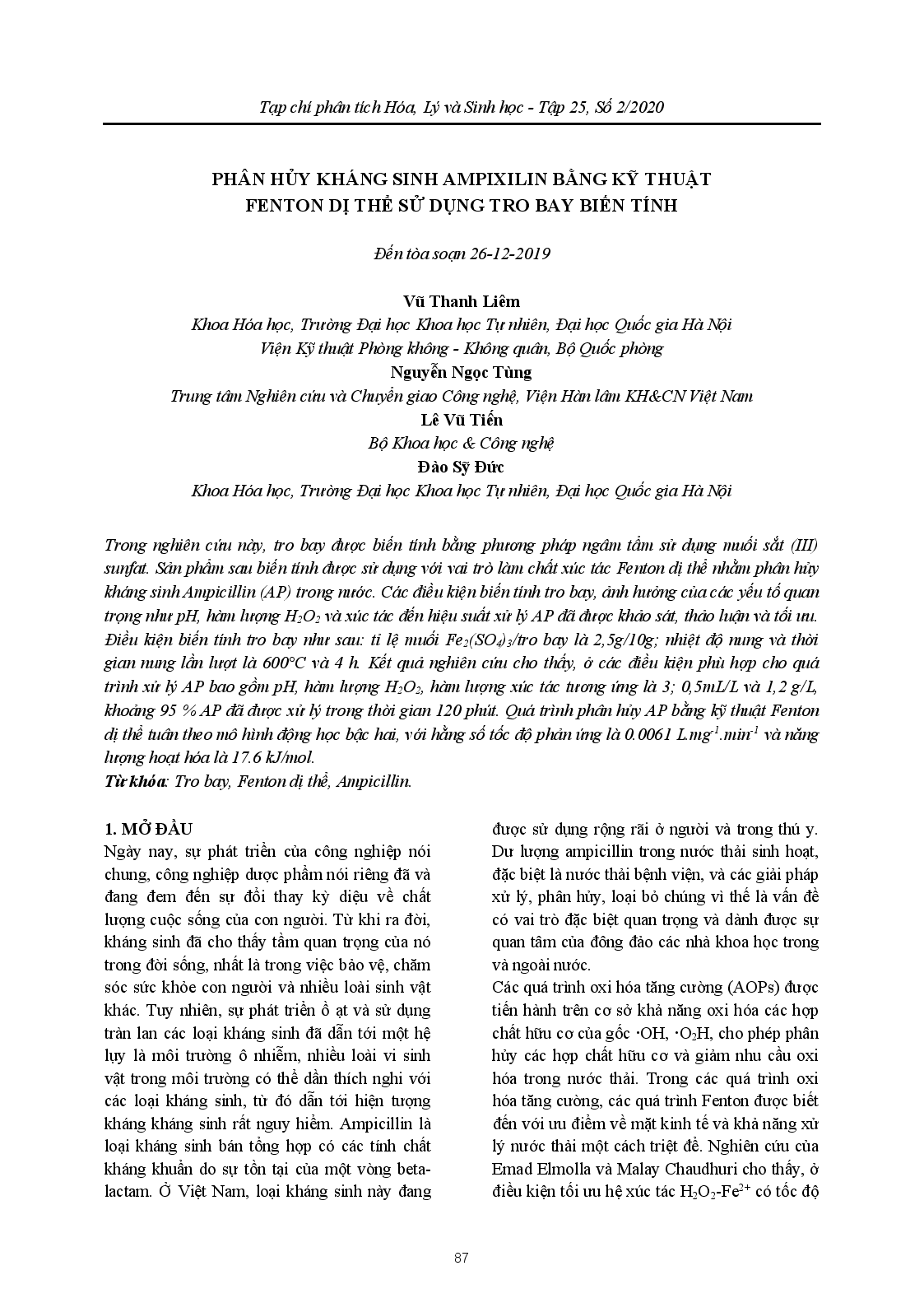 PHÂN HỦY KHÁNG SINH AMPIXILIN BẰNG KỸ THUẬT FENTON DỊ THỂ SỬ DỤNG TRO BAY BIẾN TÍNH ; $bVũ Thanh Liêm, Nguyễn Ngọc Tùng, Lê Vũ Tiến, Đào Sỹ Đức