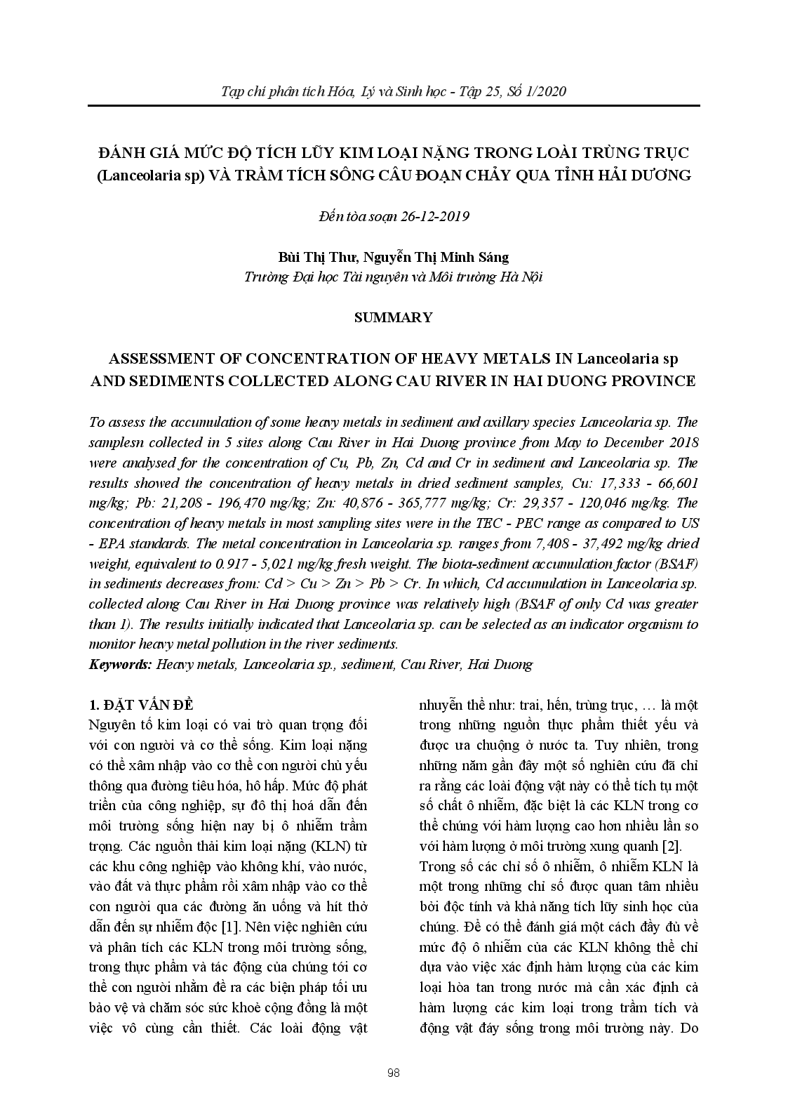 Đánh Giá Mức Độ Tích Lũy Kim Loại Nặng Trong Loài Trùng Trục (Lanceolaria Sp) Và Trầm Tích Sông Câu Đoạn Chảy Qua Tỉnh Hải Dương