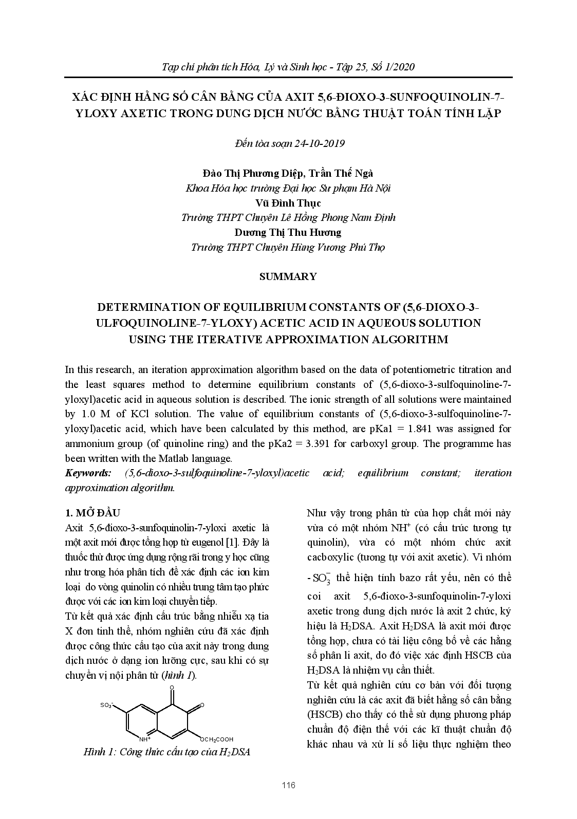 Xác Định Hằng Số Cân Bằng Của Axit 5,6-Đioxo-3-Sunfoquinolin-7- Yloxy Axetic Trong Dung Dịch Nước Bằng Thuật Toán Tính Lặp