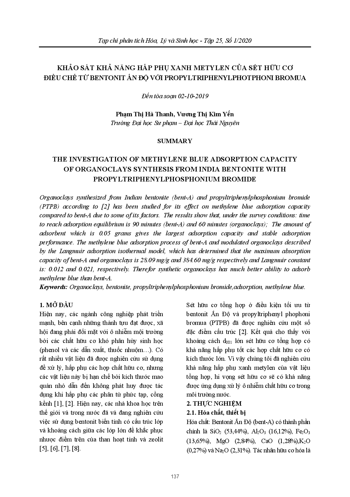 Khảo Sát Khả Năng Hấp Phụ Xanh Metylen Của Sét Hữu Cơ Điều Chế Từ Bentonit Ấn Độ Với Propyltriphenylphotphoni Bromua