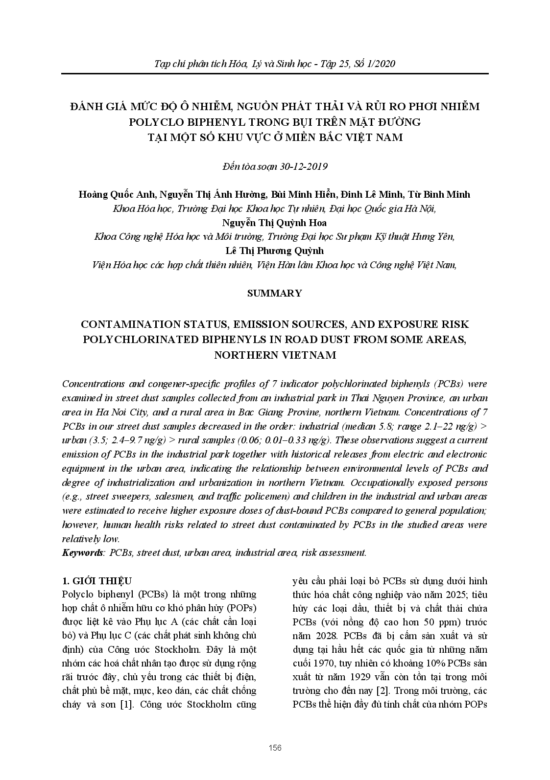 Đánh Giá Mức Độ Ô Nhiễm, Nguồn Phát Thải Và Rủi Ro Phơi Nhiễm Polyclo Biphenyl Trong Bụi Trên Mặt Đường Tại Một Số Khu Vực Ở Miền Bắc Việt Nam