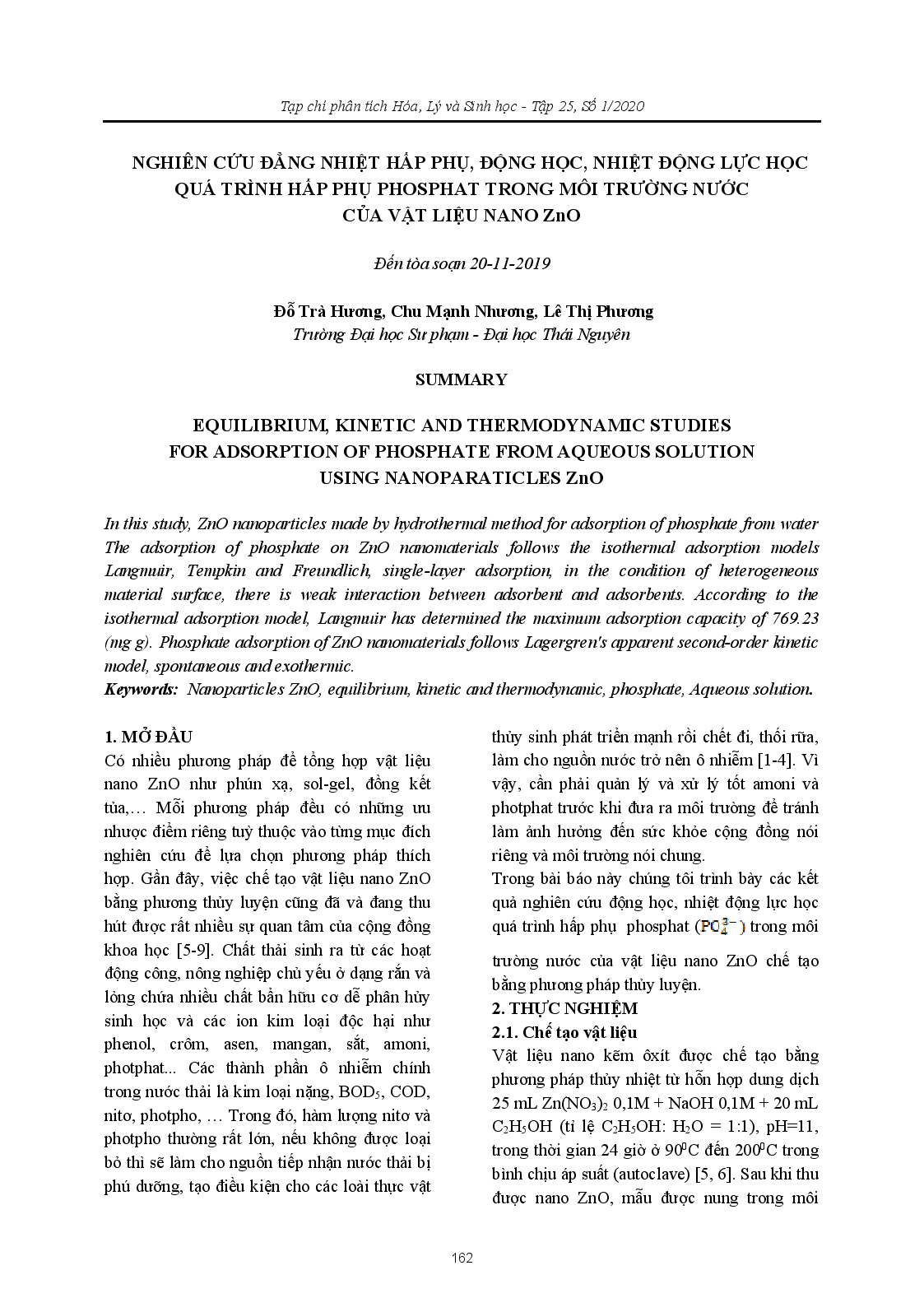 Nghiên Cứu Đẳng Nhiệt Hấp Phụ, Động Học, Nhiệt Động Lực Học Quá Trình Hấp Phụ Phosphat Trong Môi Trường Nước Của Vật Liệu Nano Zno