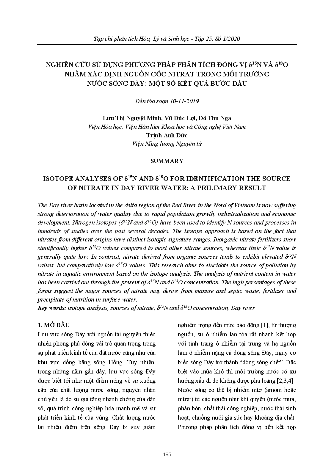 Nghiên Cứu Sử Dụng Phương Pháp Phân Tích Đồng Vị Δ15N Và Δ18O Nhằm Xác Định Nguồn Gốc Nitrat Trong Môi Trường Nước Sông Đáy: Một Số Kết Quả Bước Đầu