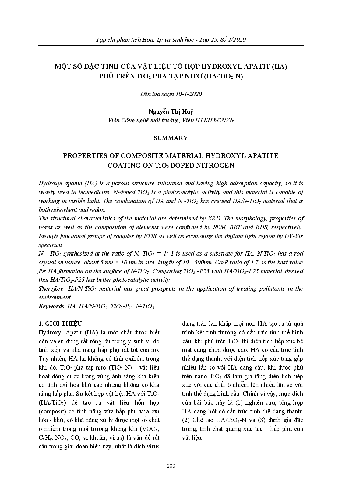 Một Số Đặc Tính Của Vật Liệu Tổ Hợp Hydroxyl Apatit (Ha) Phủ Trên Tio2 Pha Tạp Nitơ (Ha/Tio2-N)