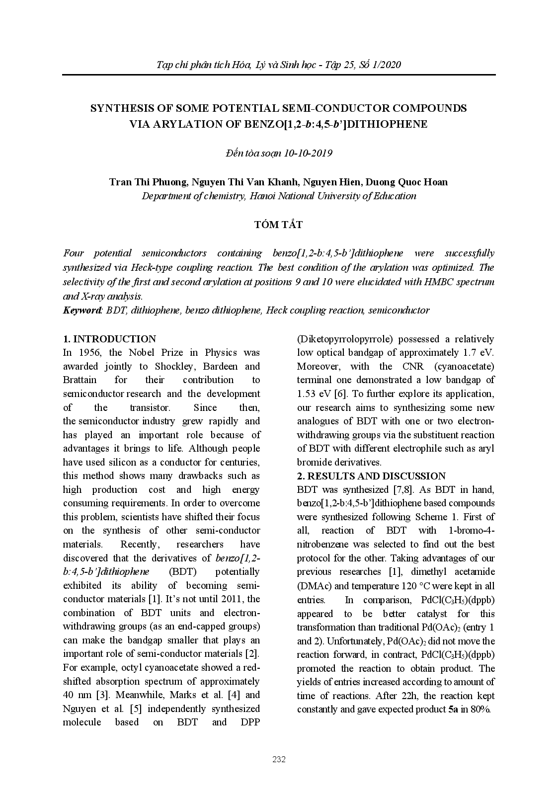 Synthesis Of Some Potential Semi-Conductor Compounds Via Arylation Of Benzo[1,2-B:4,5-B’]Dithiophene