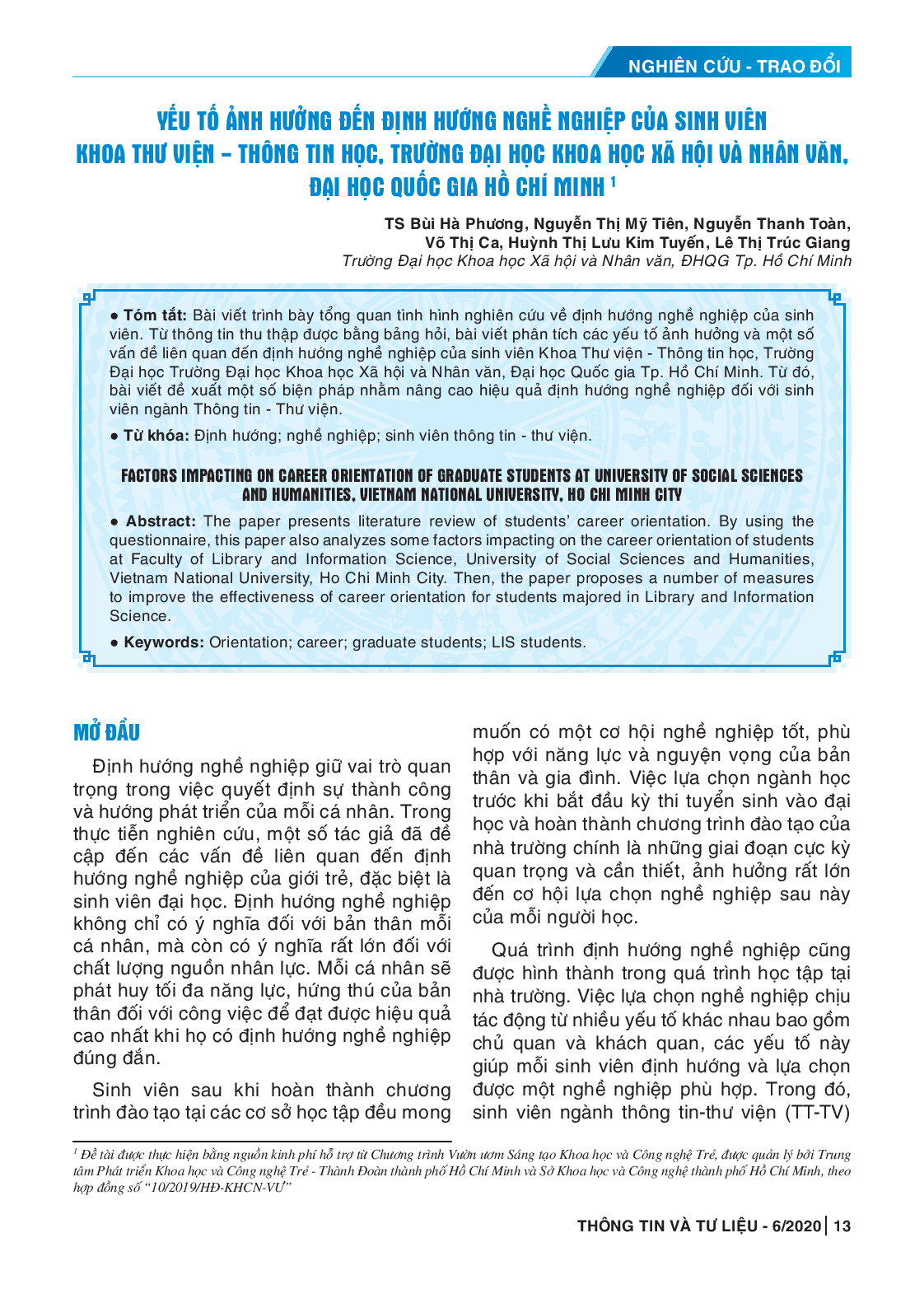 Yếu tố ảnh hưởng đến định hướng nghề nghiệp của sinh viên khoa thư viện - thông tin học, Trường Đại học Khoa học Xã hội và Nhân văn, Đại học Quốc gia Hồ Chí Minh