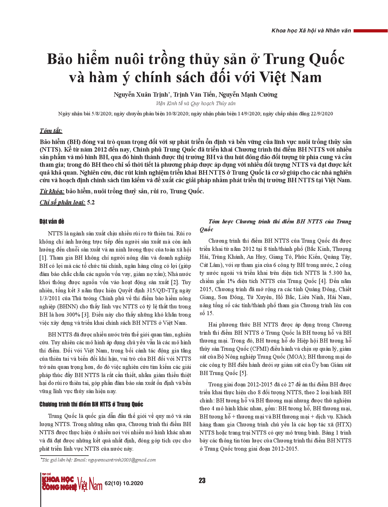 Bảo hiểm nuôi trồng thủy sản ở Trung Quốc và hàm ý chính sách đối với Việt Nam.