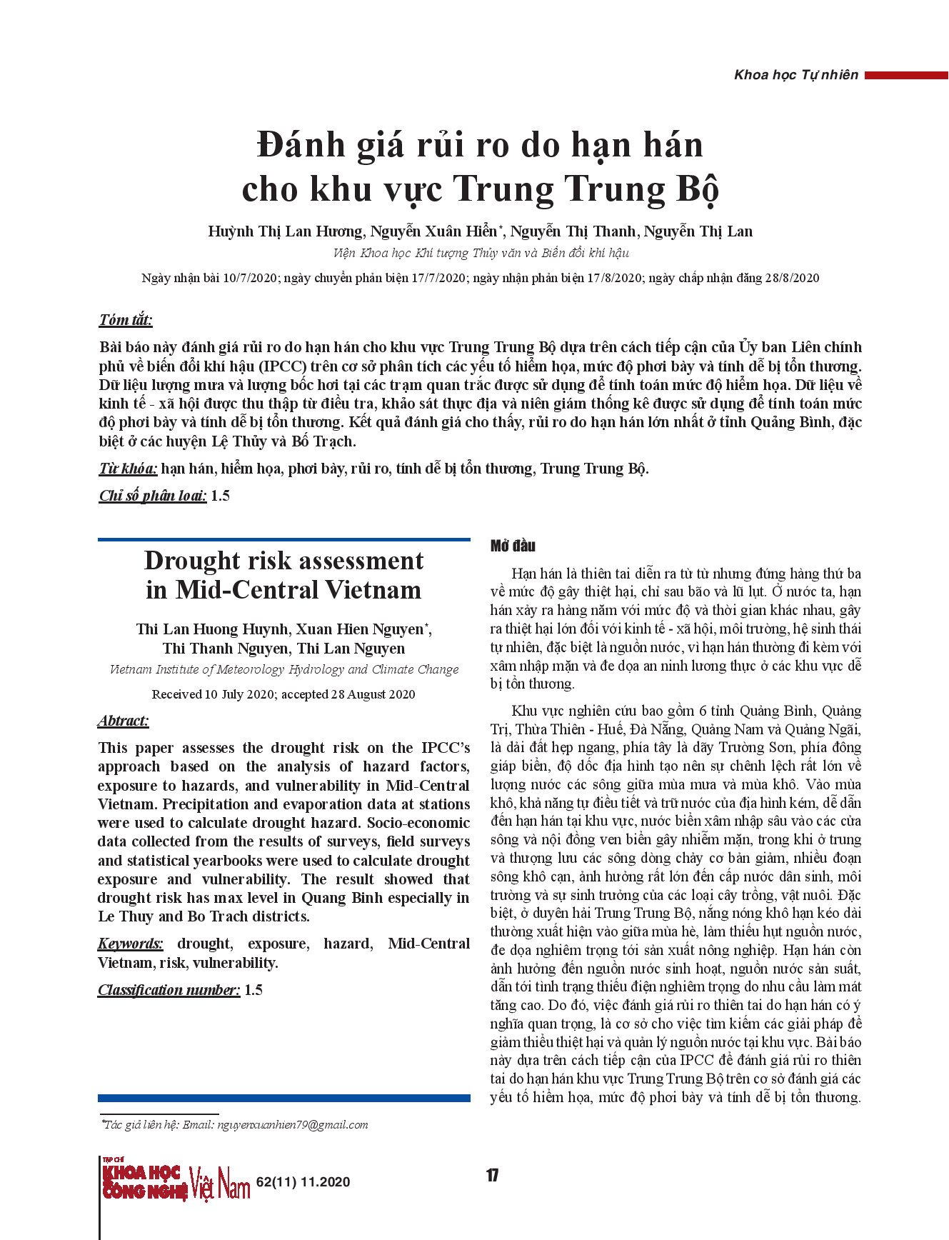 Đánh giá rủi ro do hạn hán cho khu vực Trung Trung Bộ.