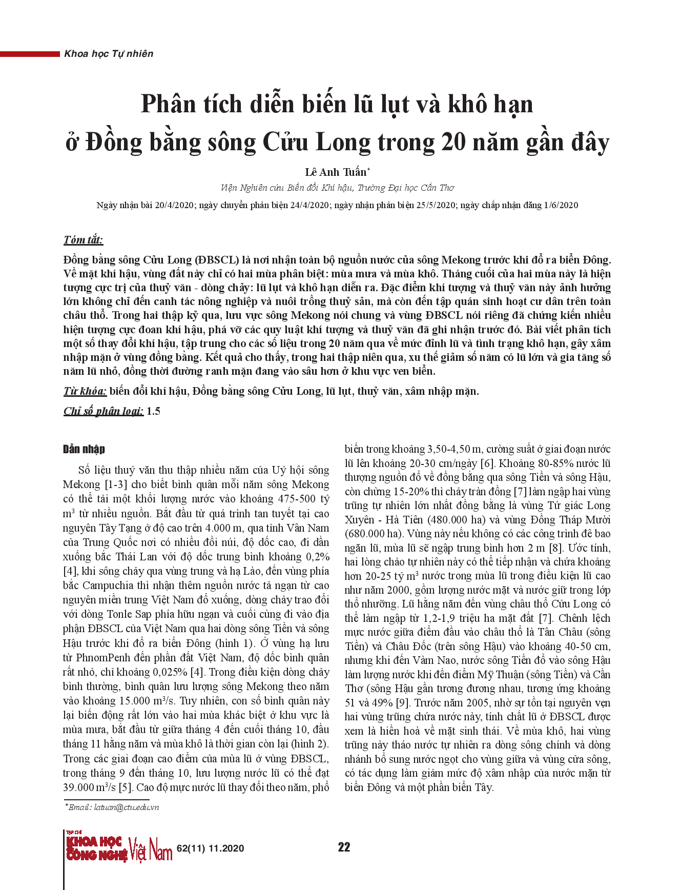 Phân tích diễn biến lũ lụt và khô hạn ở Đồng bằng sông Cửu Long trong 20 năm gần đây.