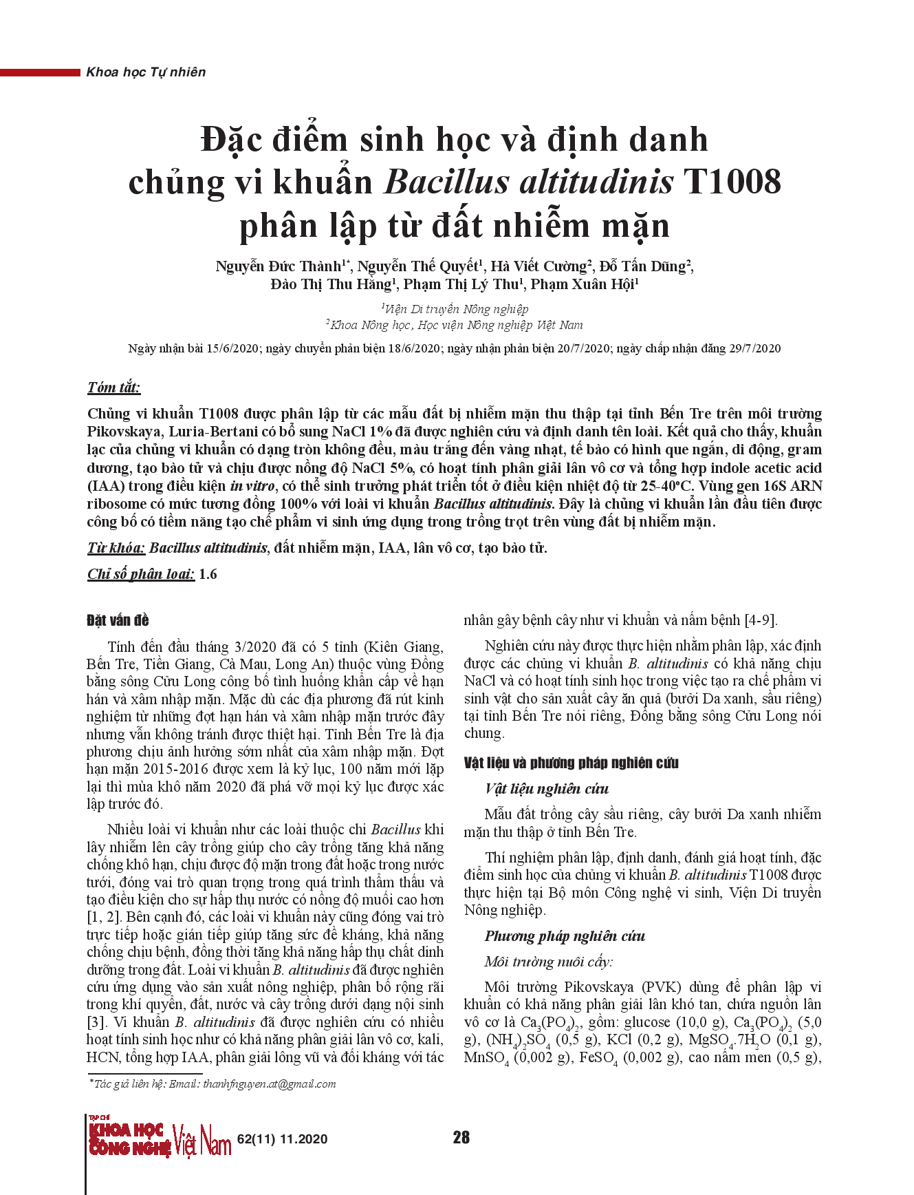 Đặc điểm sinh học và định danh chủng vi khuẩn Bacillus altitudinis T1008 phân lập từ đất nhiễm mặn.