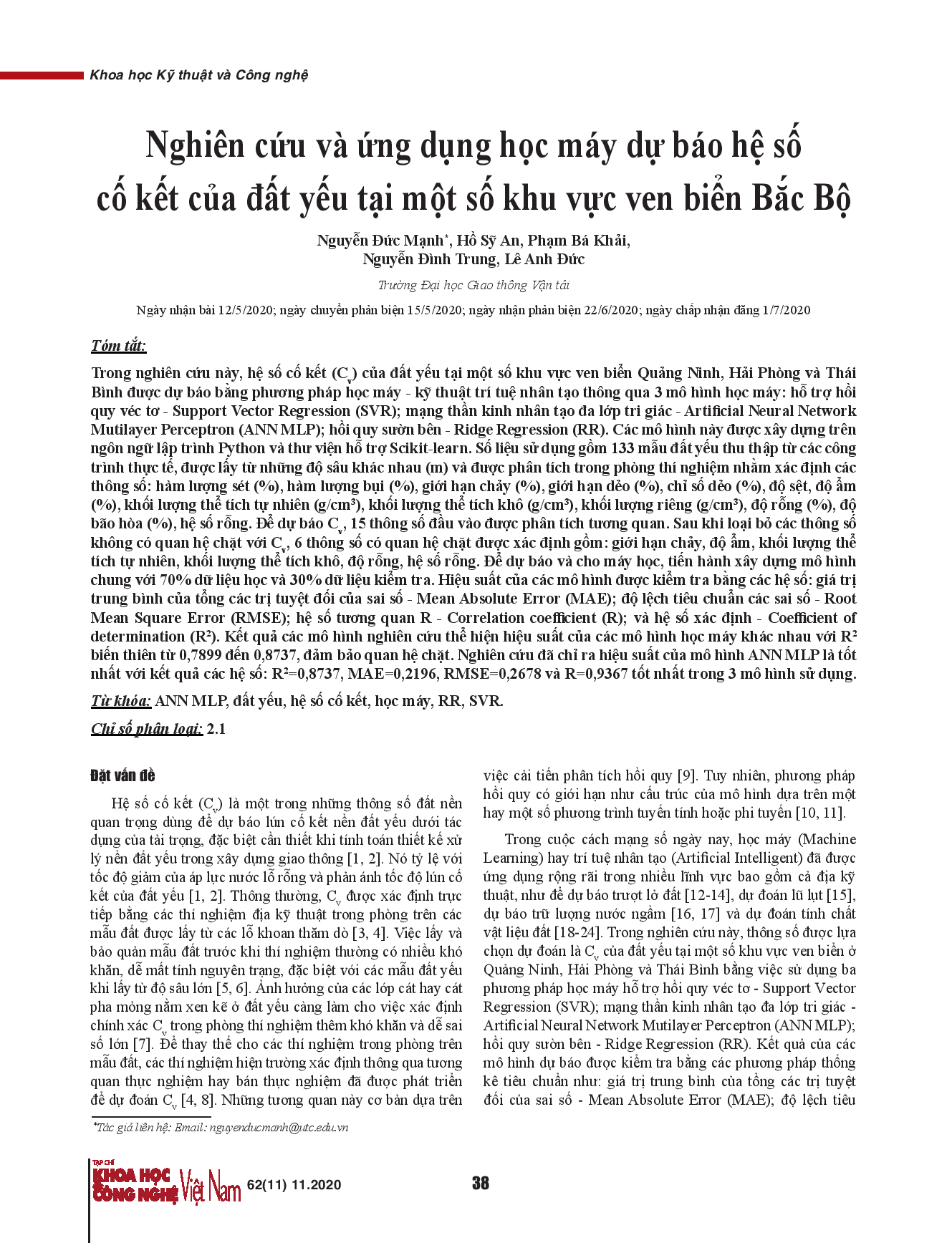 Nghiên cứu và ứng dụng học máy dự báo hệ số cố kết của đất yếu tại một số khu vực ven biển Bắc Bộ.