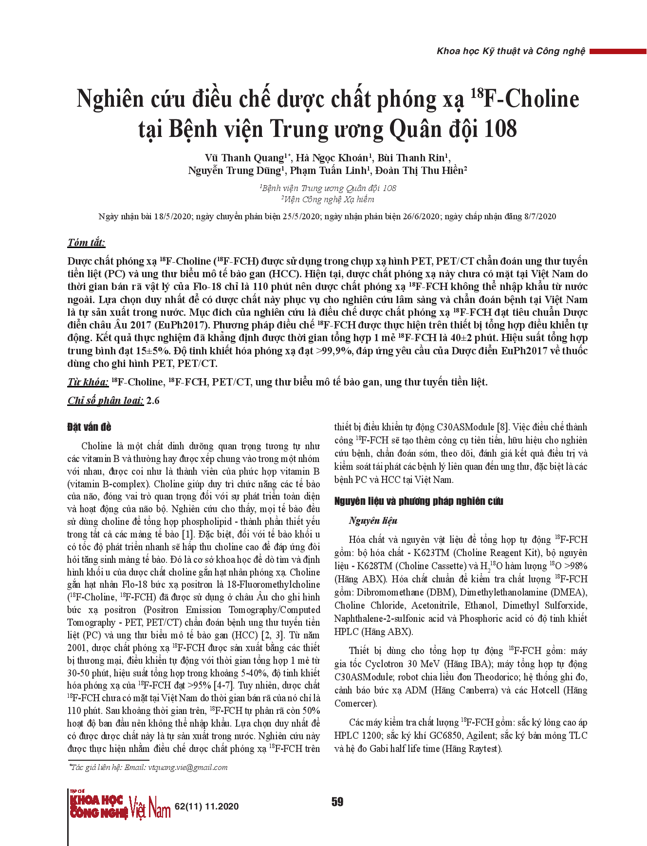 Nghiên cứu điều chế dược chất phóng xạ 18F-Choline tại Bệnh viện Trung ương Quân đội 108.