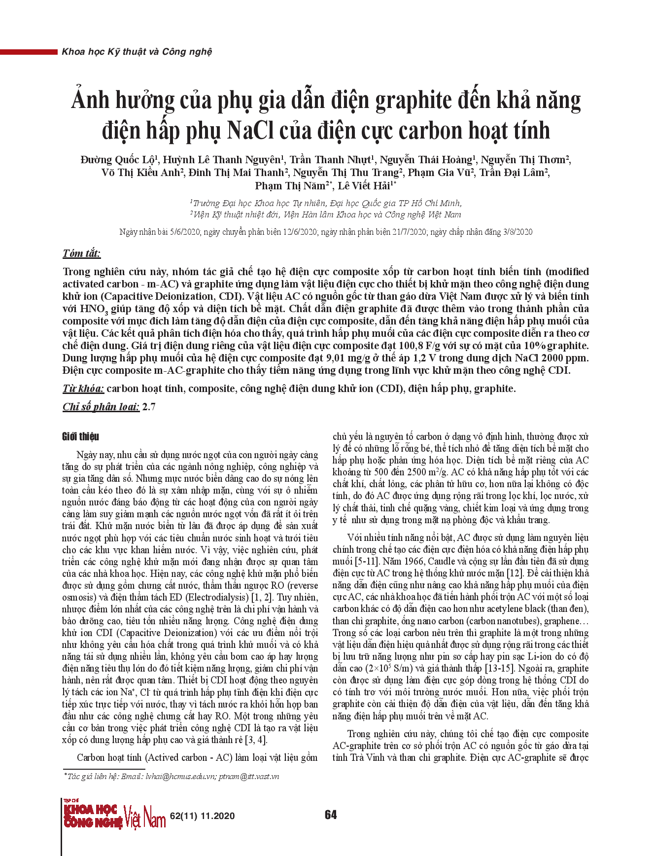 Ảnh hưởng của phụ gia dẫn điện graphite đến khả năng điện hấp phụ NaCl của điện cực carbon hoạt tính.