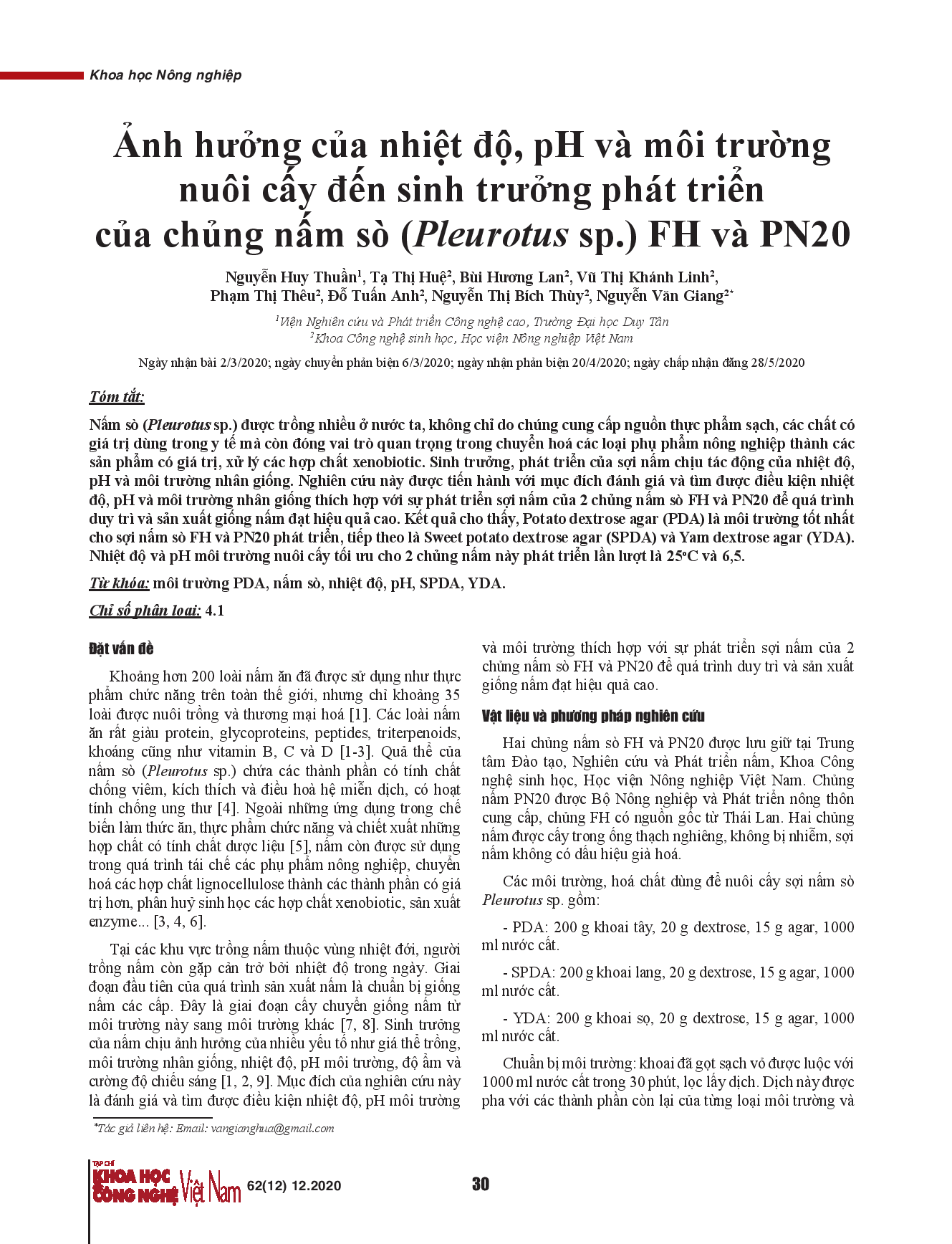 Ảnh hưởng của nhiệt độ, pH và môi trường nuôi cấy đến sinh trưởng phát triển của chủng nấm sò (Pleurotus sp.) FH và PN20.