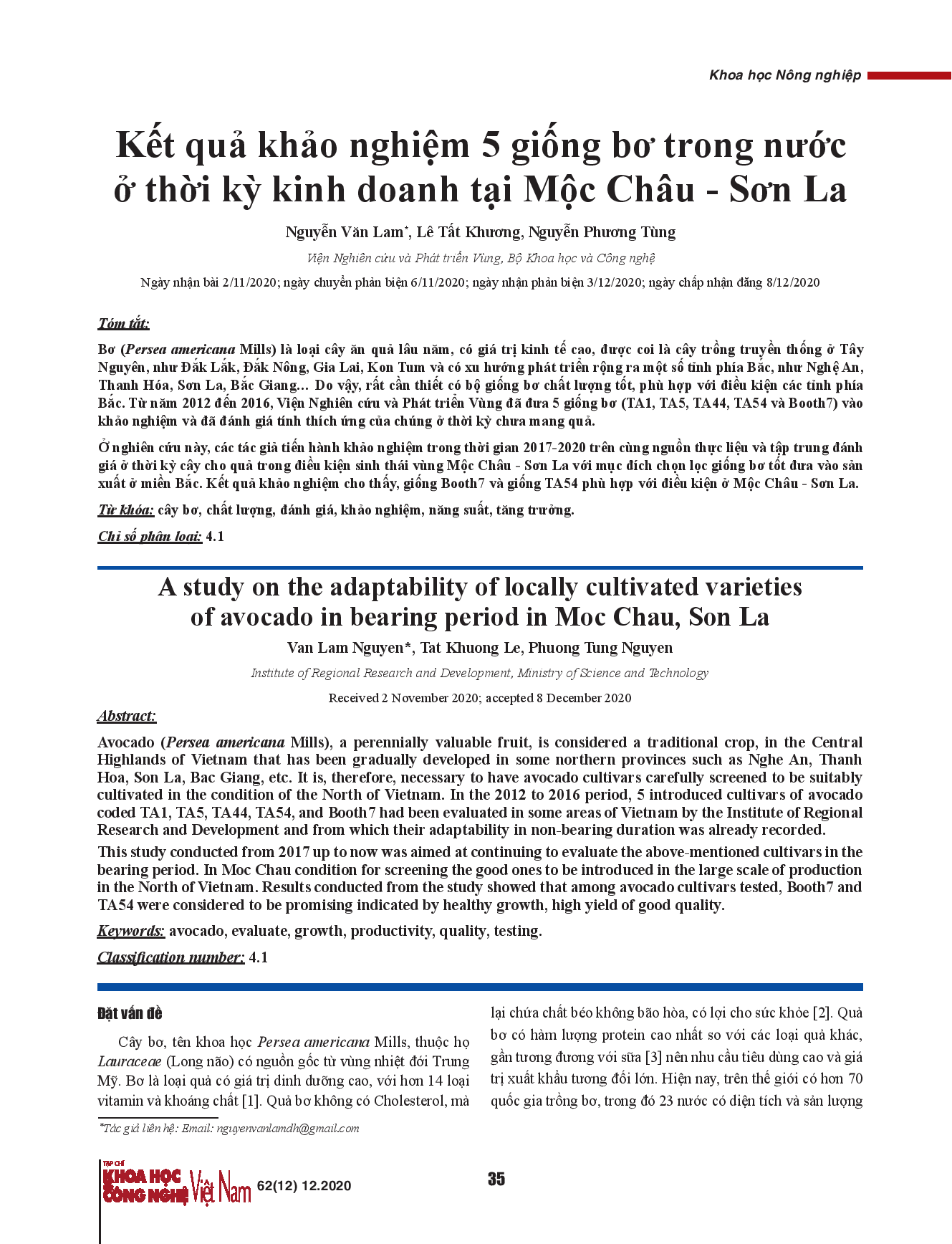 Kết quả khảo nghiệm 5 giống bơ trong nước ở thời kỳ kinh doanh tại Mộc Châu - Sơn La.