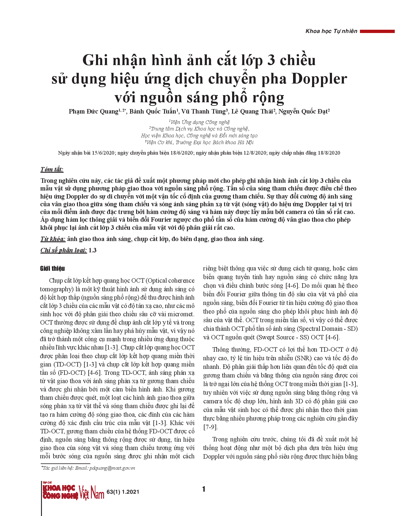 Ghi nhận hình ảnh cắt lớp 3 chiều sử dụng hiệu ứng dịch chuyển pha Doppler với nguồn sáng phổ rộng