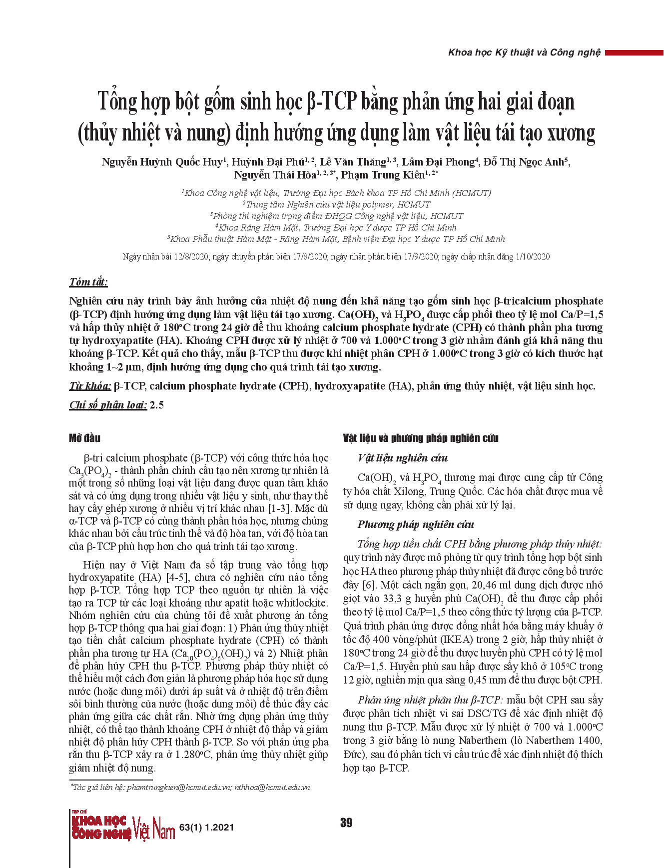 Tổng hợp bột gốm sinh học β-TCP bằng phản ứng hai giai đoạn (thủy nhiệt và nung) định hướng ứng dụng làm vật liệu tái tạo xương