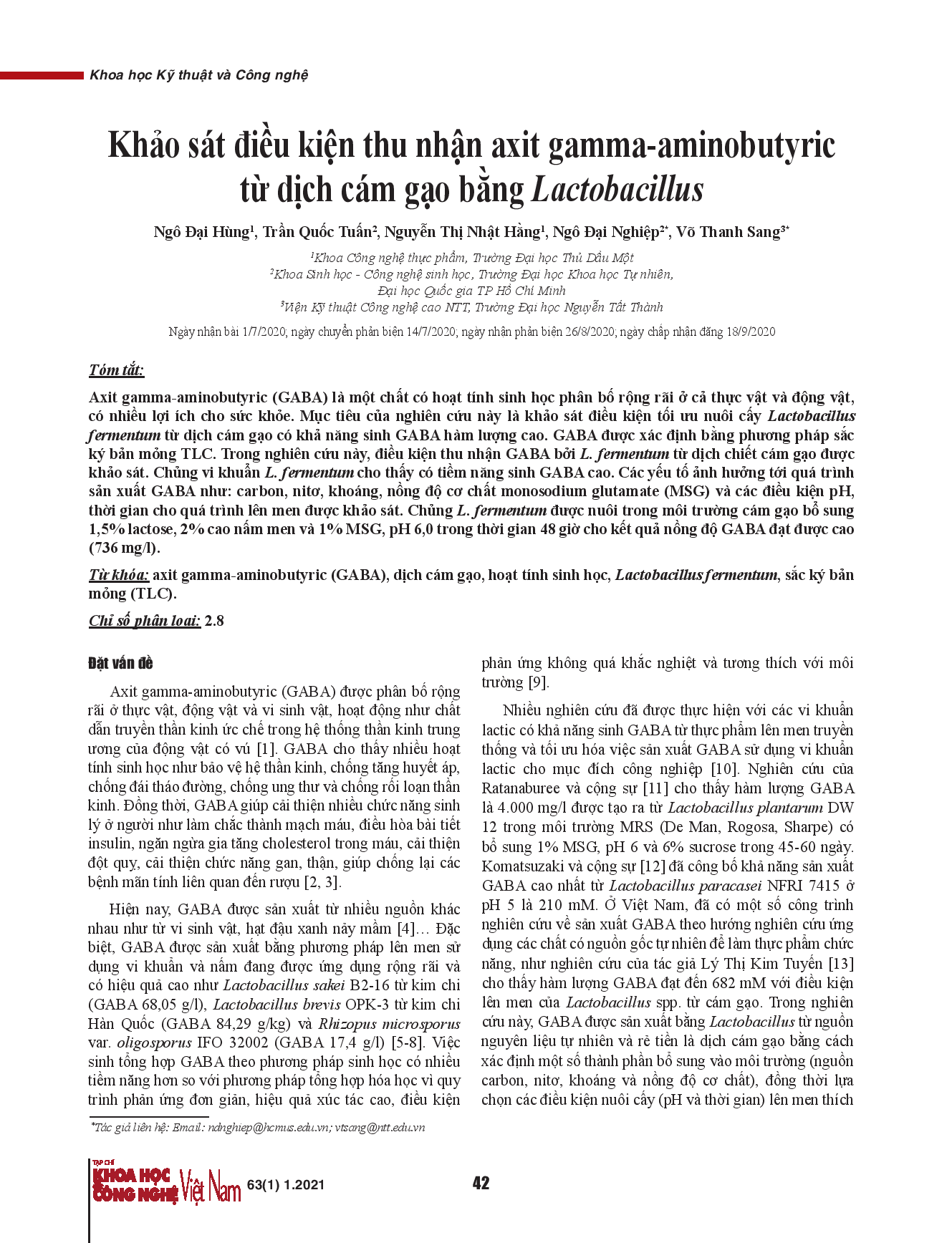 Khảo sát điều kiện thu nhận axit gamma-aminobutyric từ dịch cám gạo bằng Lactobacillus.